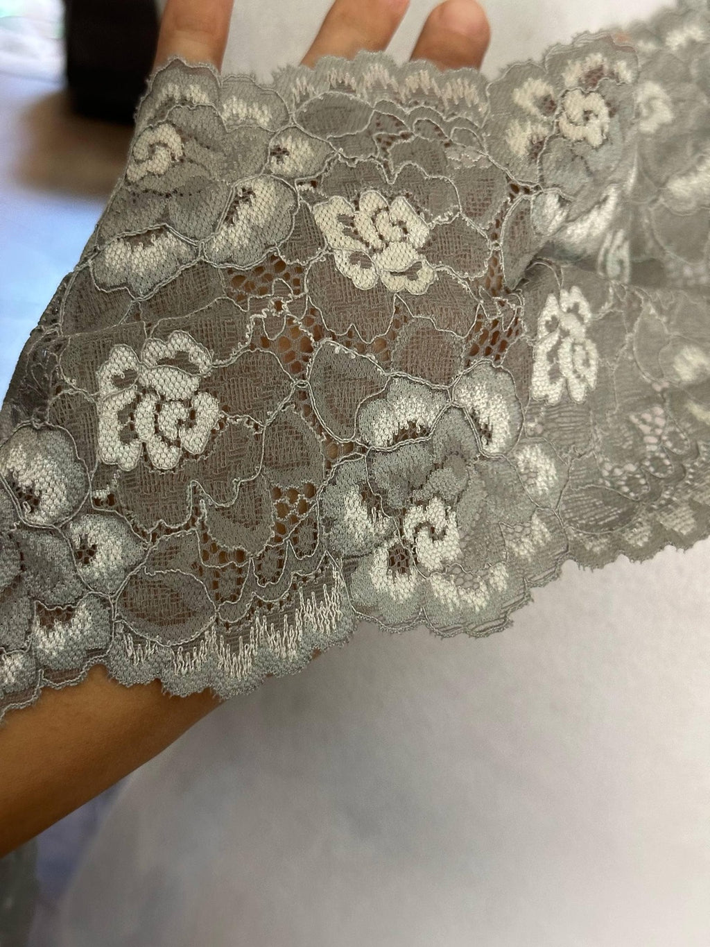 Silver Grey Corded Rose Floral Lace Trim by the Yard, Structured Slight Stretch Ribbon for Crafts, 5", Retail Wholesale Bulk