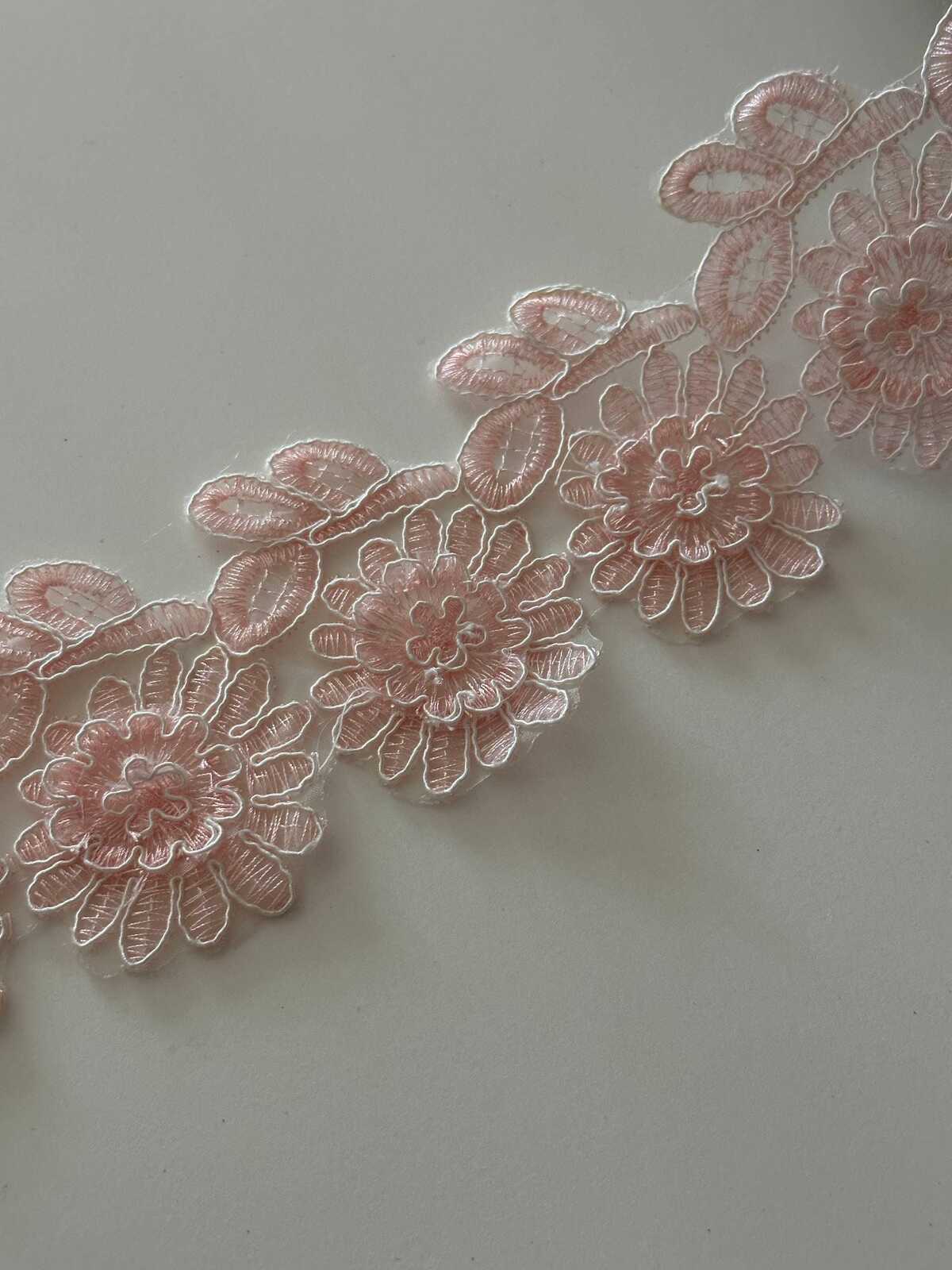 1Yard Pink Corded Floral Lace Trim, 2.5" 3D Embroidered Ribbon, Bulk Clearance Coquette Y2K Lace, Garment Trim, DIY Sewing, Retail Wholesale