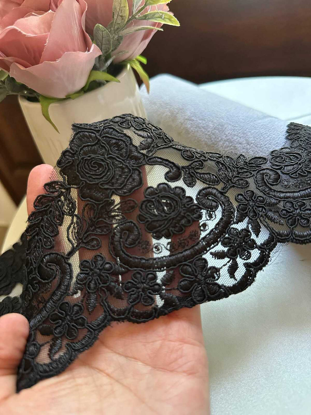 Black Corded Alencon Lace Trim by the Yard, Wide Bridal Lace Supply for Wedding Dress Couture Gowns Evening Veil Edge, 5" Max Width