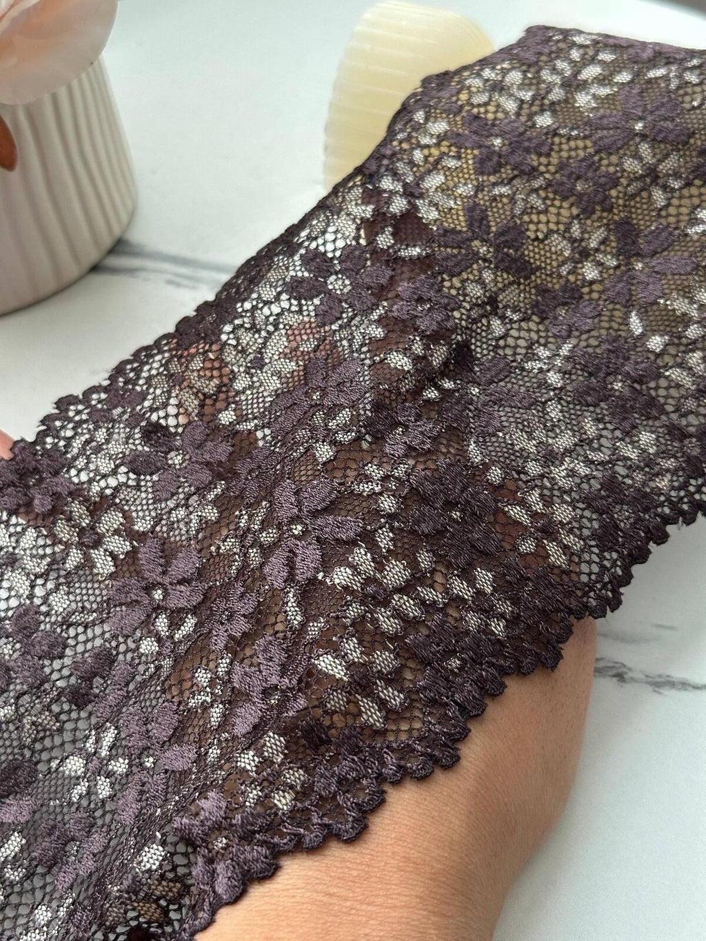 1Yd Stretch 5" Dark Plum Purple Floral Scalloped Wide Stretch Lace Trim