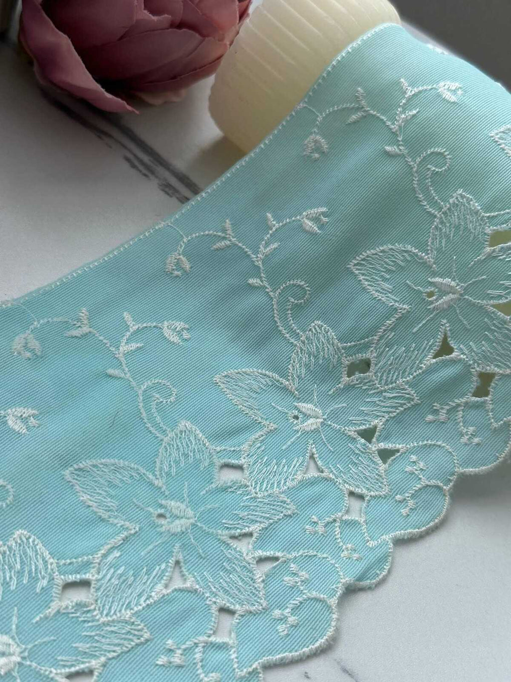 1Yd Non-Stretch 4.5" Aqua Mint Green Floral Embroidered Cotton Lace Wholesale