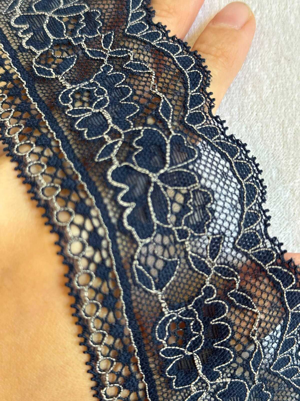 10yds Navy Blue Stretch Lace Trim with Silver Outline, Floral Insertion Beading Ribbon (2.5" Wide)