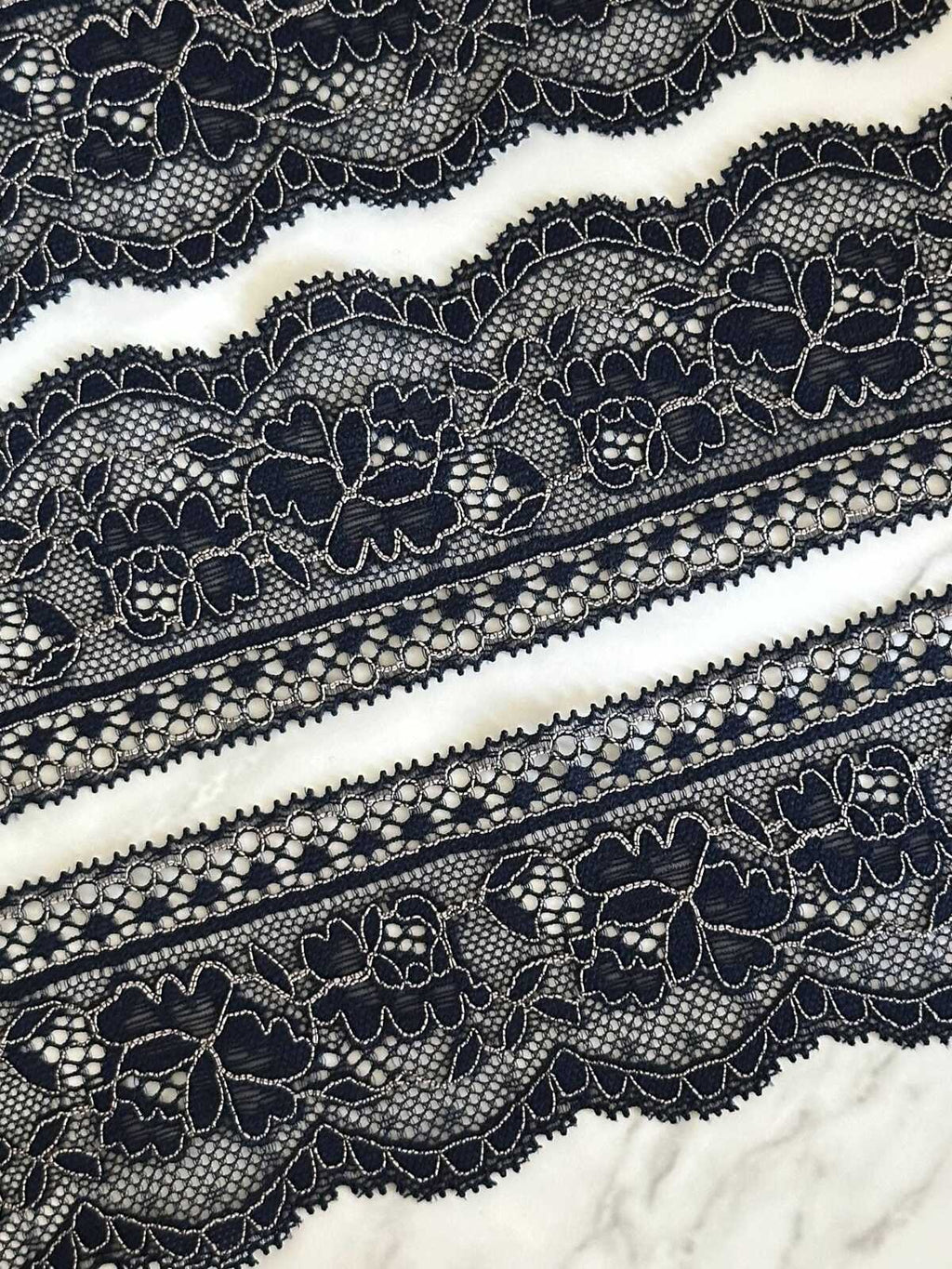 10yds Navy Blue Stretch Lace Trim with Silver Outline, Floral Insertion Beading Ribbon (2.5" Wide)