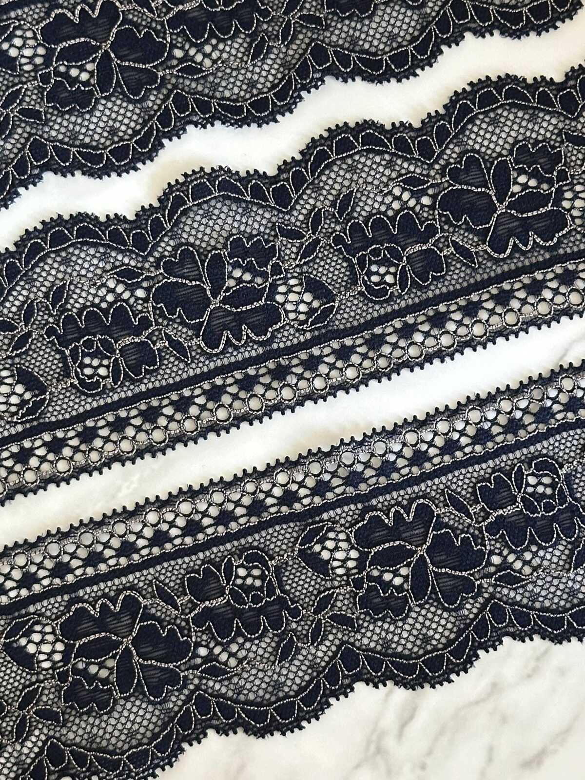 10yds Navy Blue Stretch Lace Trim with Silver Outline, Floral Insertion Beading Ribbon (2.5" Wide)