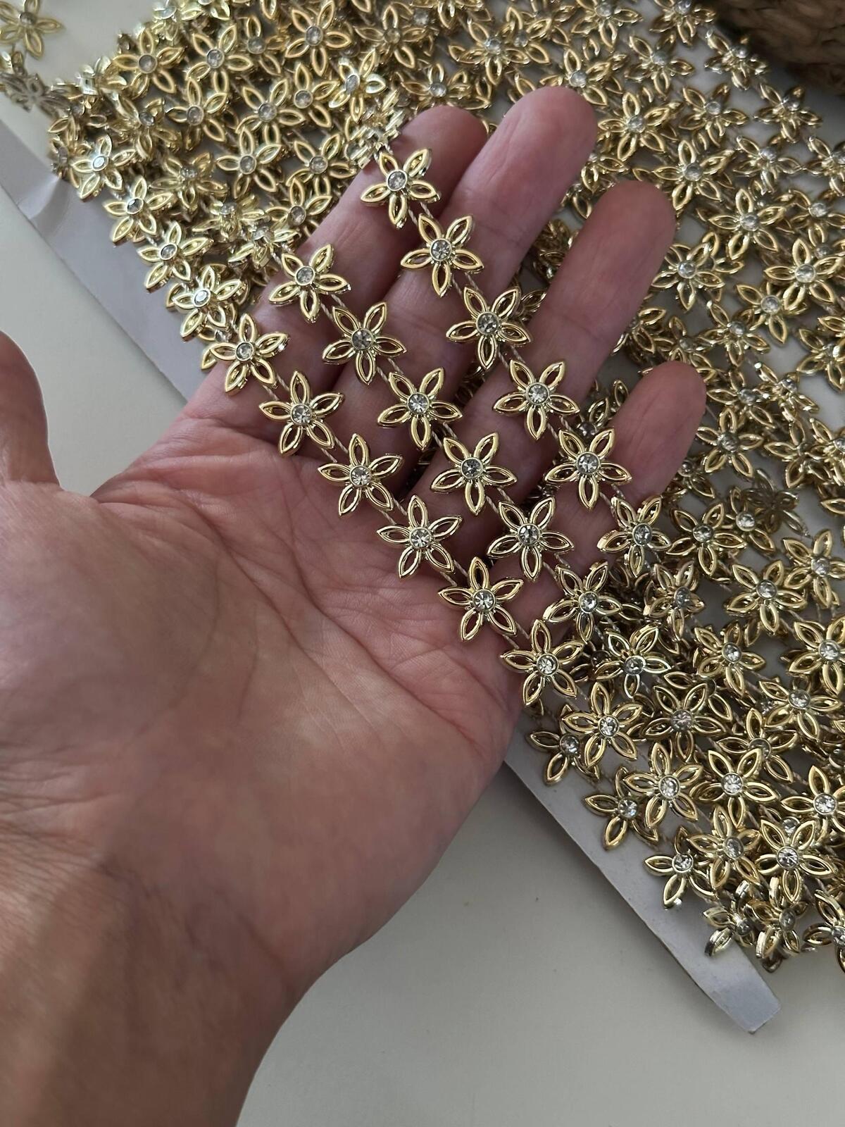 1Yd Non-Stretch 0.8" Wide Gold Metallic Flower Trim, Bulk Clearance Coquette Y2K Lace, Rhinestone Chain, DIY Sewing, Retail Wholesale