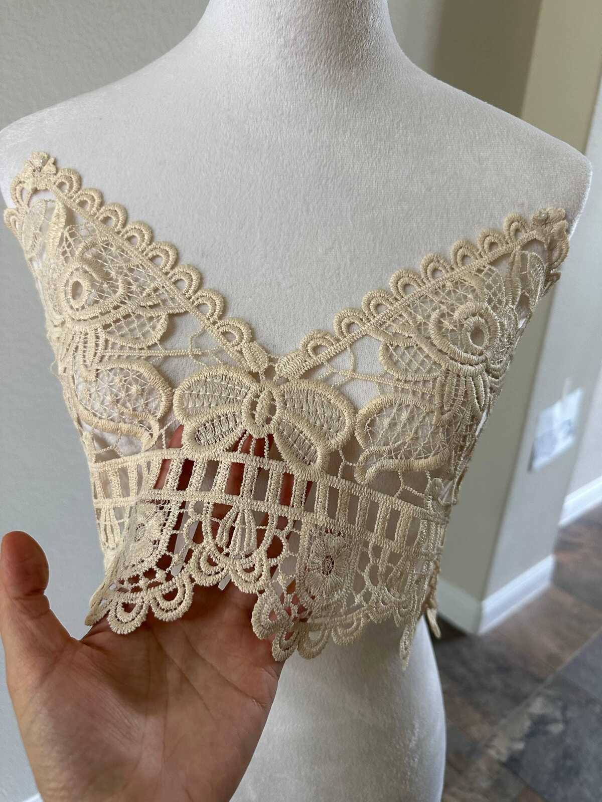 Vintage Cream Beige Guipure Water Soluble Lace Bodice Applique Motif Butterfly Floral Embroidered Front Panel for Camisole Blouse Sewing,20"
