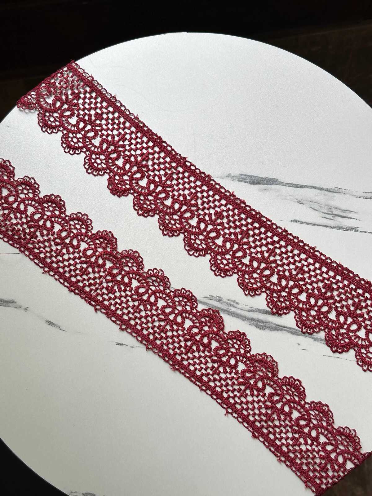 Burgundy Wine Red Venetian Guipure Chemical Water Soluble Lace Trim Symmetrical Double Scalloped Non Stretch Ribbon for Gowns Crafts, 2.5"