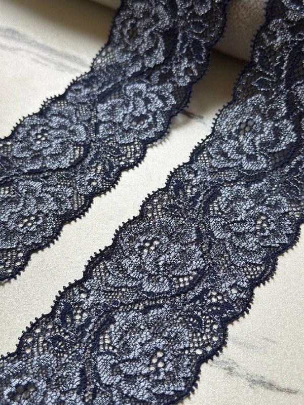 Navy Blue Floral Slight Stretch Lace Trim, 2.15" Gentle Elastic Ribbon, Lingerie Lace, Coquette Craft Supply, DIY Sewing, Retail Wholesale