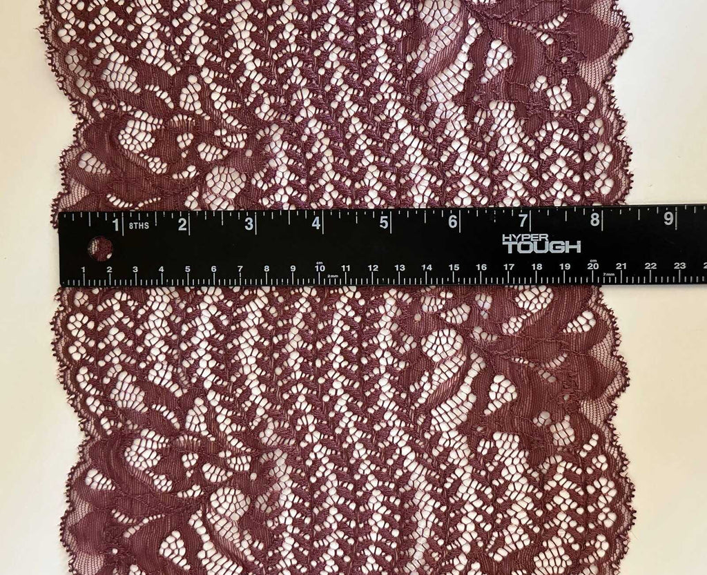 8.5" Cocoa Rose Stretch Lace Trim Wide Dusty Mauve Floral Elastic Galloon Scalloped Edge Lace for Lingerie Underwear Garment Sewing