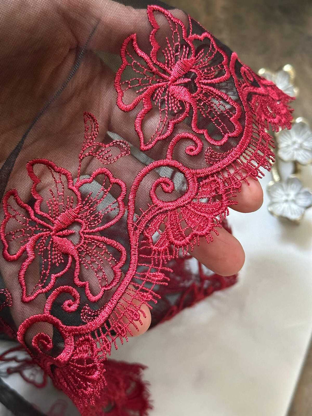 Crimson Red Floral Embroidered Organza Mesh Eyelash Lace Trim, 3" Floral 7" Total Wide Tulle Scalloped Ribbon, Retail Wholesale Bulk