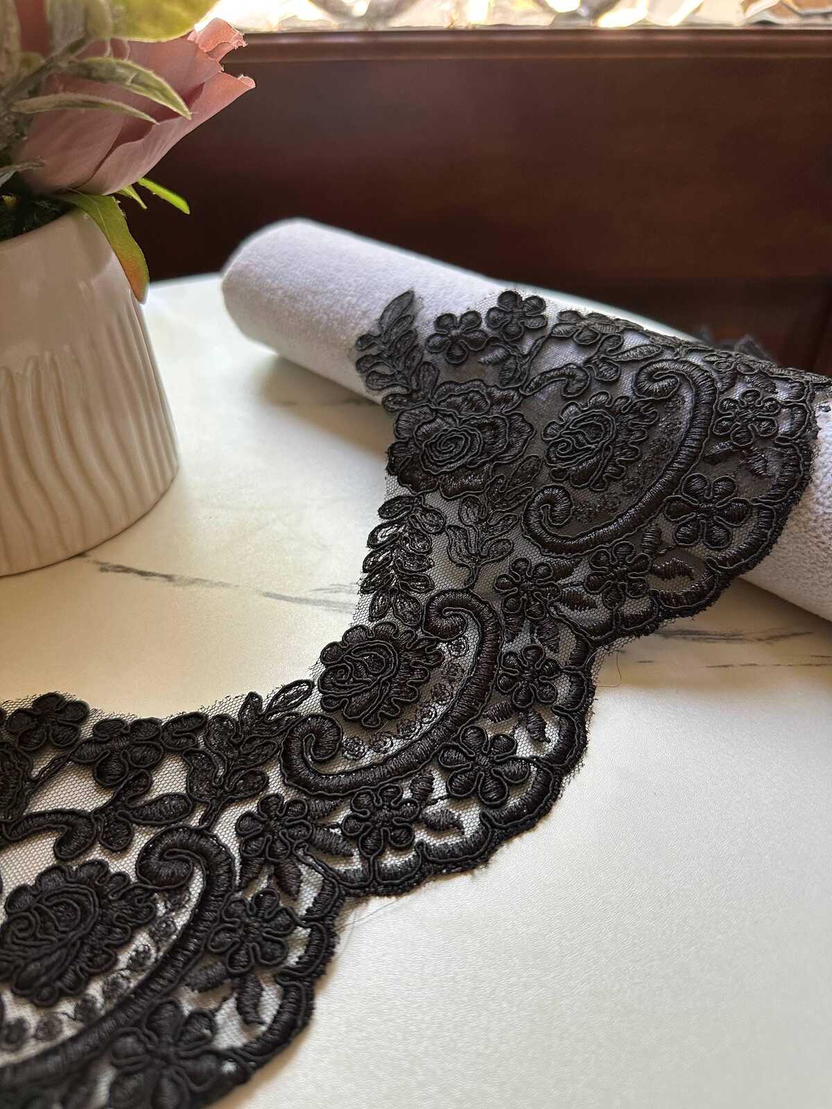 Black Corded Alencon Lace Trim by the Yard, Wide Bridal Lace Supply for Wedding Dress Couture Gowns Evening Veil Edge, 5" Max Width