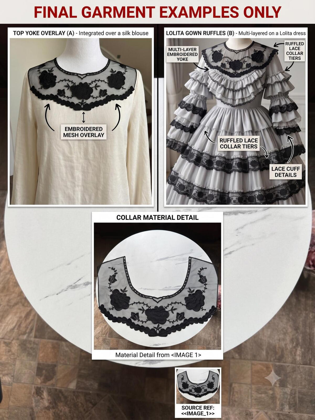 Classic Onyx Black Mesh Floral Embroidered Collar Applique Detachable Lace Neckline Bib Motif for Dress Blouse Sewing, 16" x 4.5"