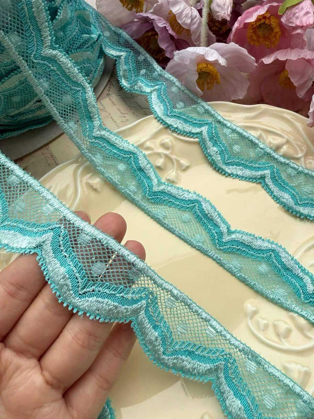 10yds Mint Aqua Turquoise Swiss Dot Elastic Stretch Lace Trim Symmetrical Double Scalloped Narrow Ribbon for  Crafts Sewing, 1.1"  Wholesale