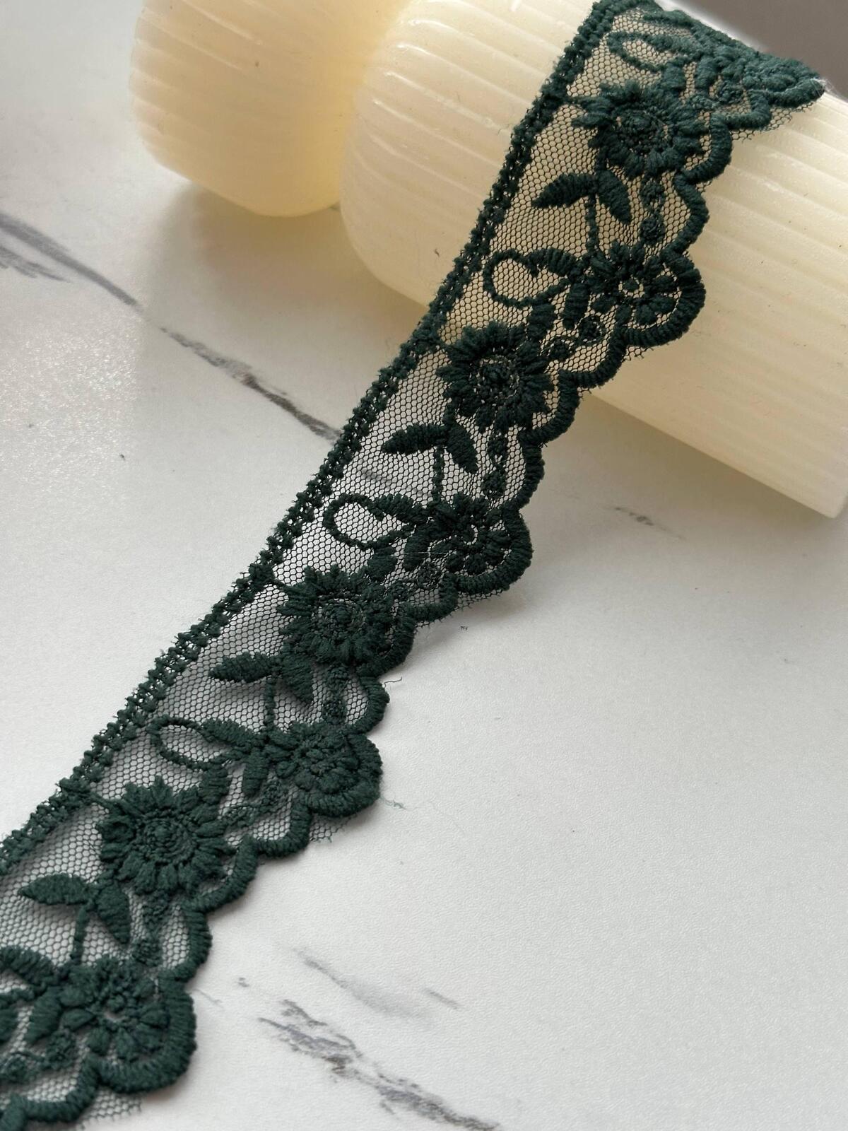 6Yds Non-Stretch 1.5" Dark Forest Green Cotton Embroidered Mesh Lace Trim