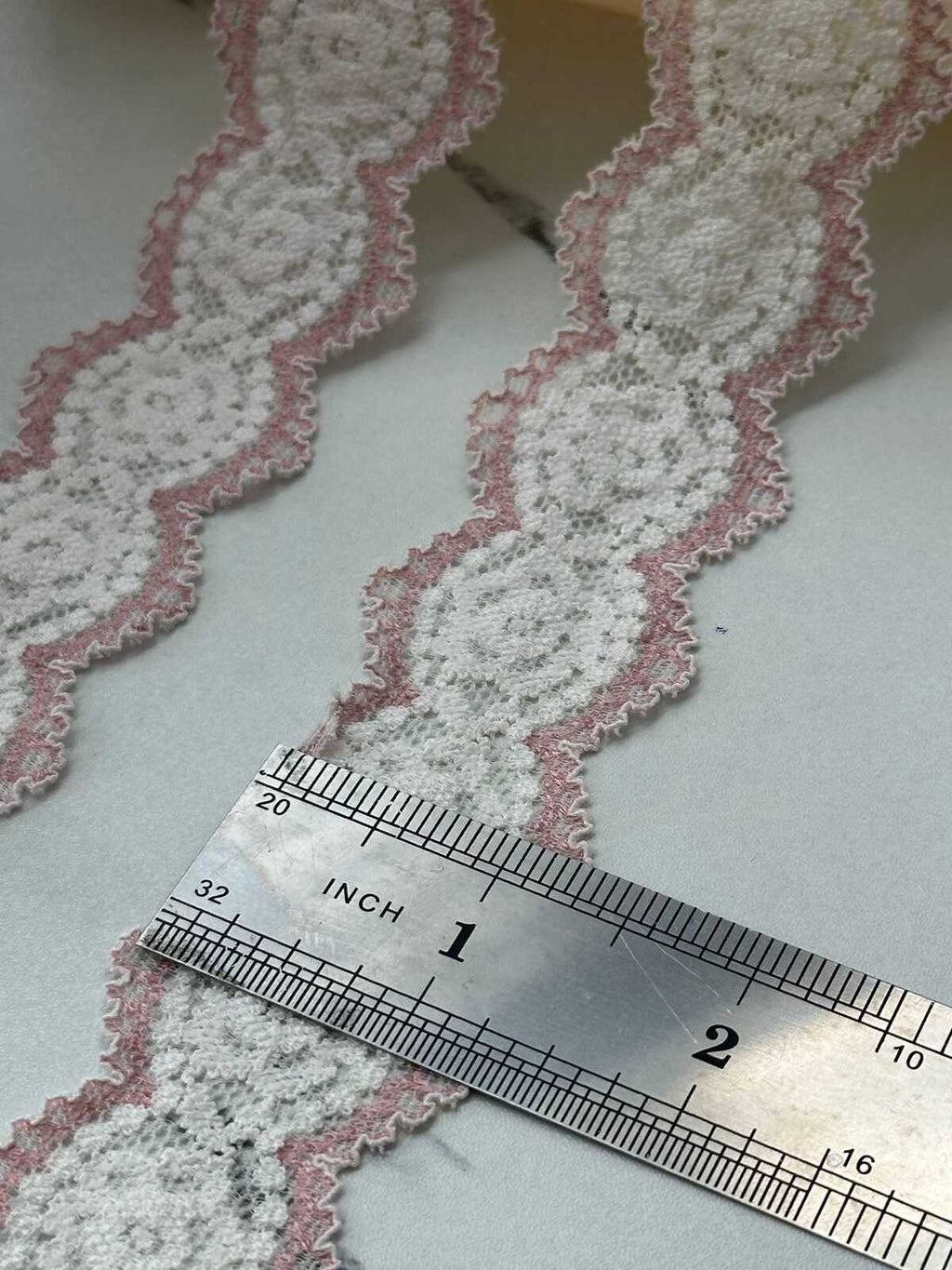 10Yds Stretch 1.2" Two Tone Pink White Scalloped Stretch Lace, Wholesale