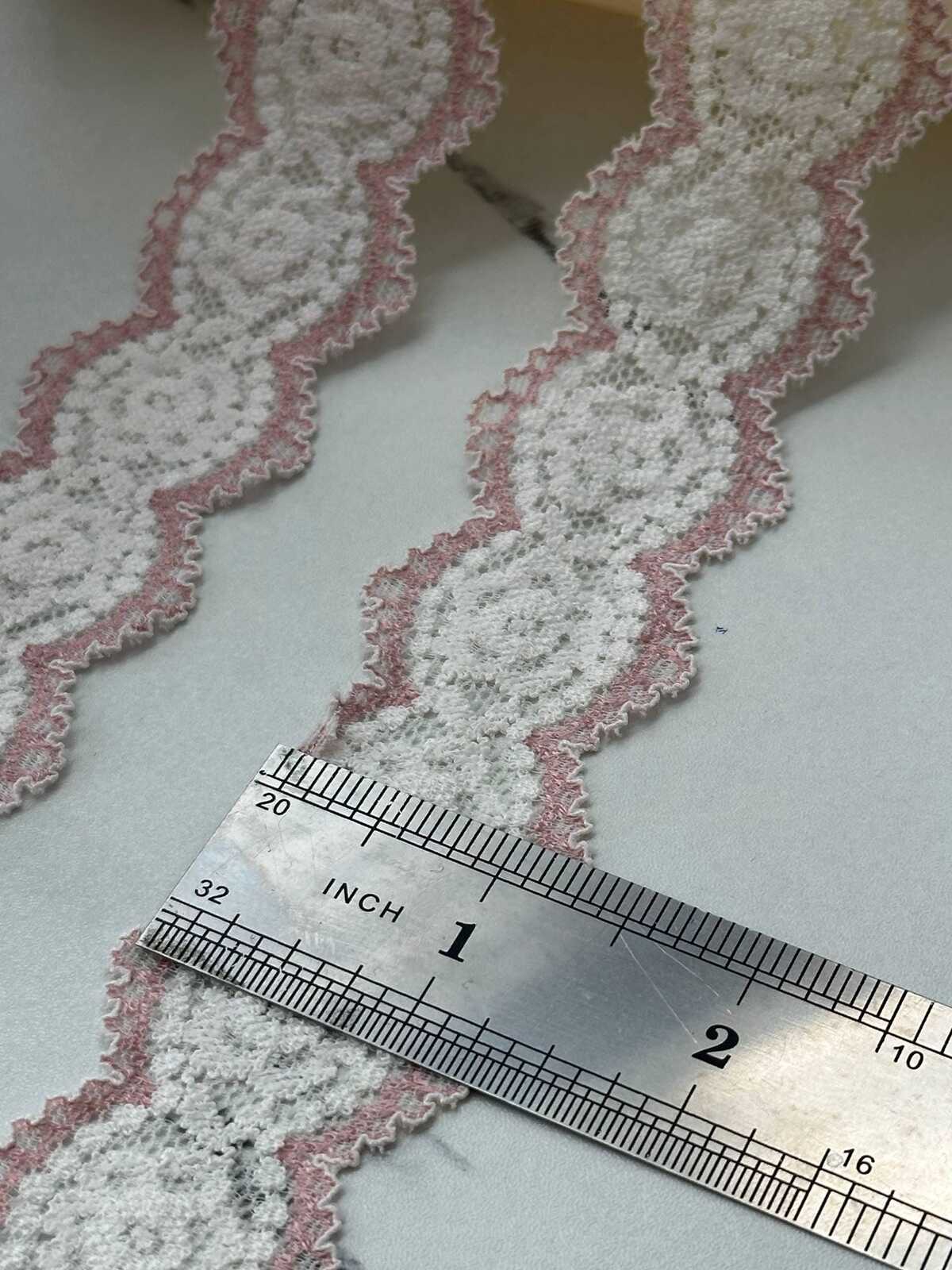 10Yds Stretch 1.2" Two Tone Pink White Scalloped Stretch Lace, Wholesale