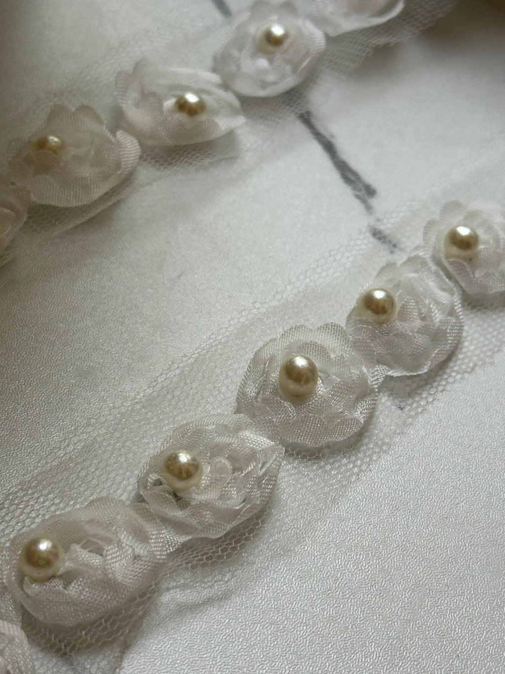 Off White Pearl Beaded Floral Lace Trim, 3D Organza Ribbon, Soft Skin Friendly Coquette Craft Supply, 0.75", Retail Wholesale Bulk