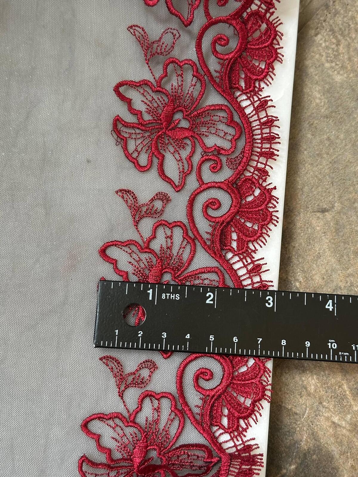 Crimson Red Floral Embroidered Organza Mesh Eyelash Lace Trim, 3" Floral 7" Total Wide Tulle Scalloped Ribbon, Retail Wholesale Bulk