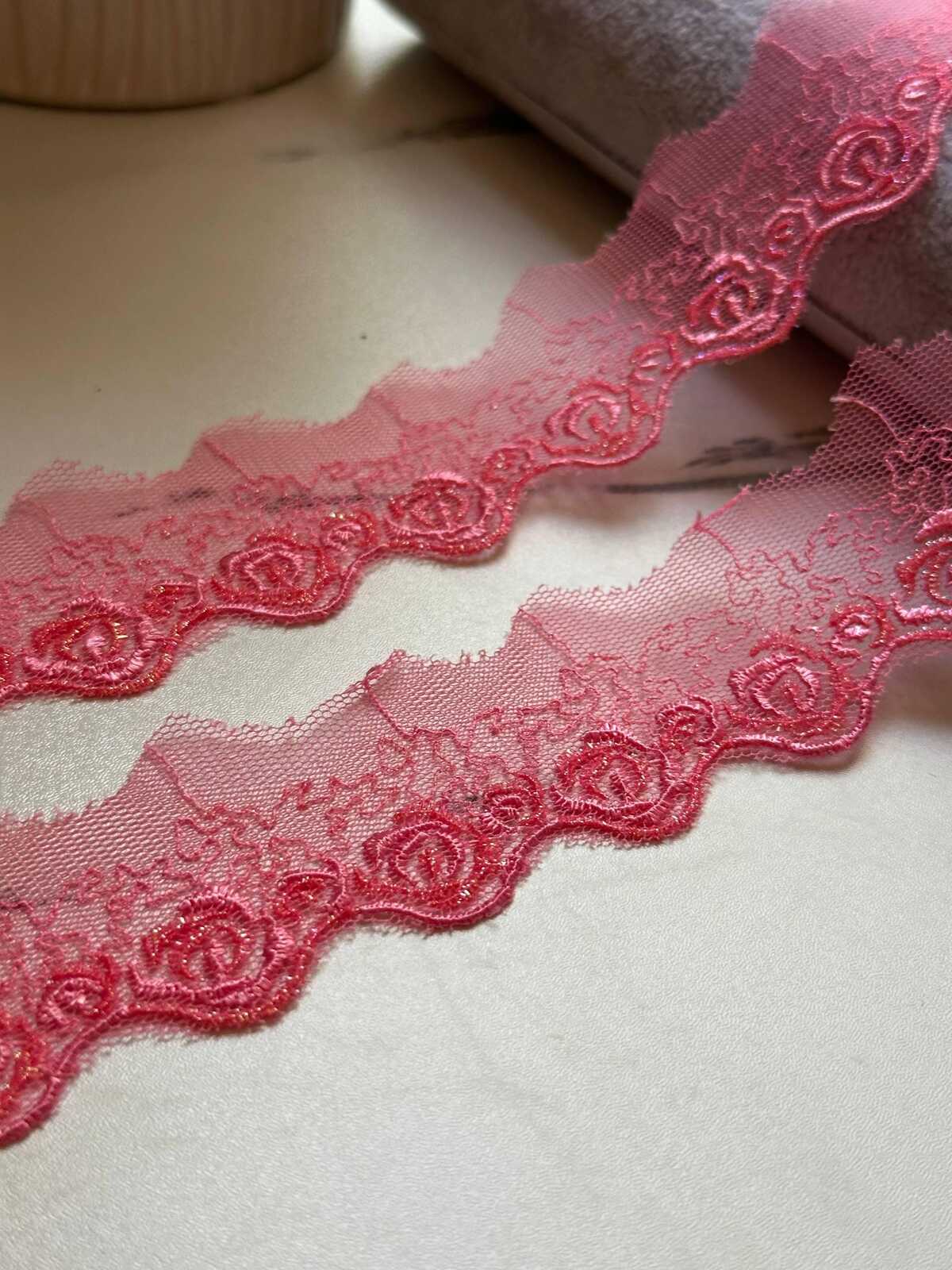 10yds Glitter Pink Rose Embroidered Mesh Organza Lace Trim by the Yard, Narrow Shimmer Metallic Ribbon for Craft Junk Journal, 1"