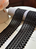 Classic Onyx Black Leaf Pattern Stretch Lace Trim, Symmetrical Double Scalloped Wide Ribbon for Lingerie Underwear Crafts, 2"
