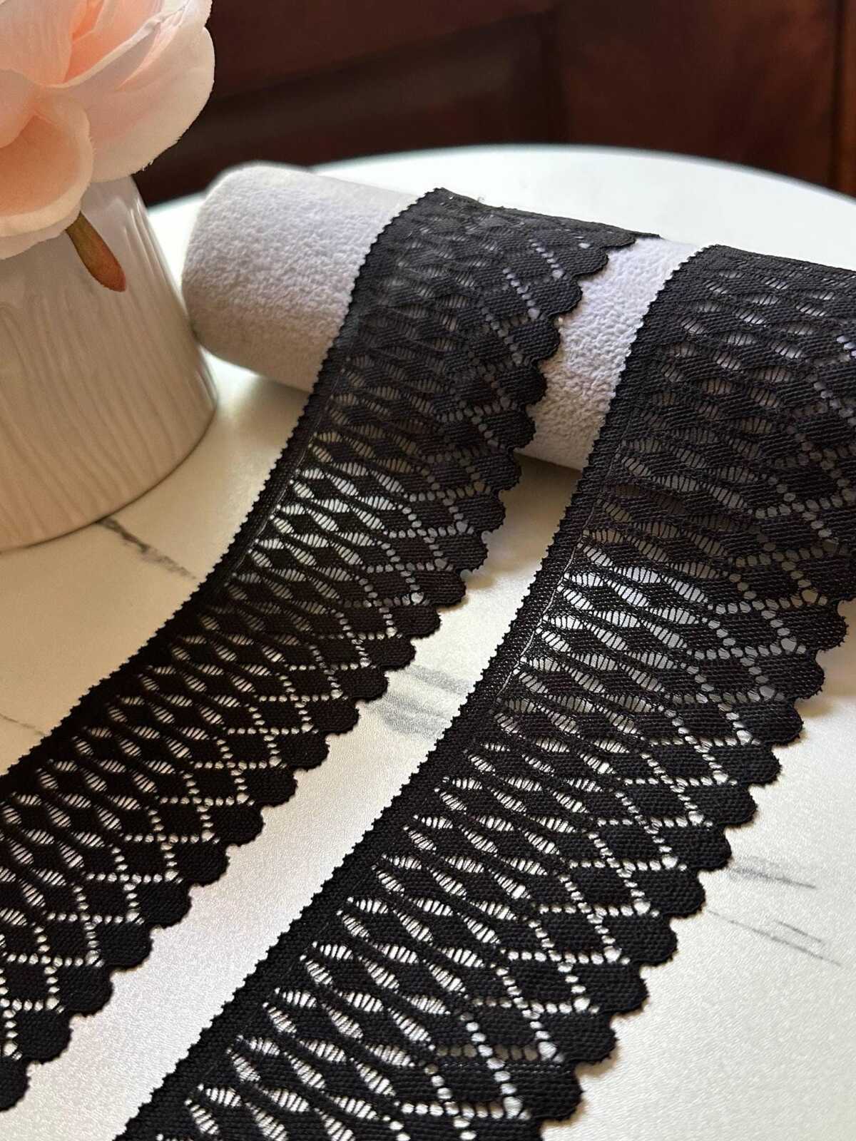 Classic Onyx Black Leaf Pattern Stretch Lace Trim, Symmetrical Double Scalloped Wide Ribbon for Lingerie Underwear Crafts, 2"