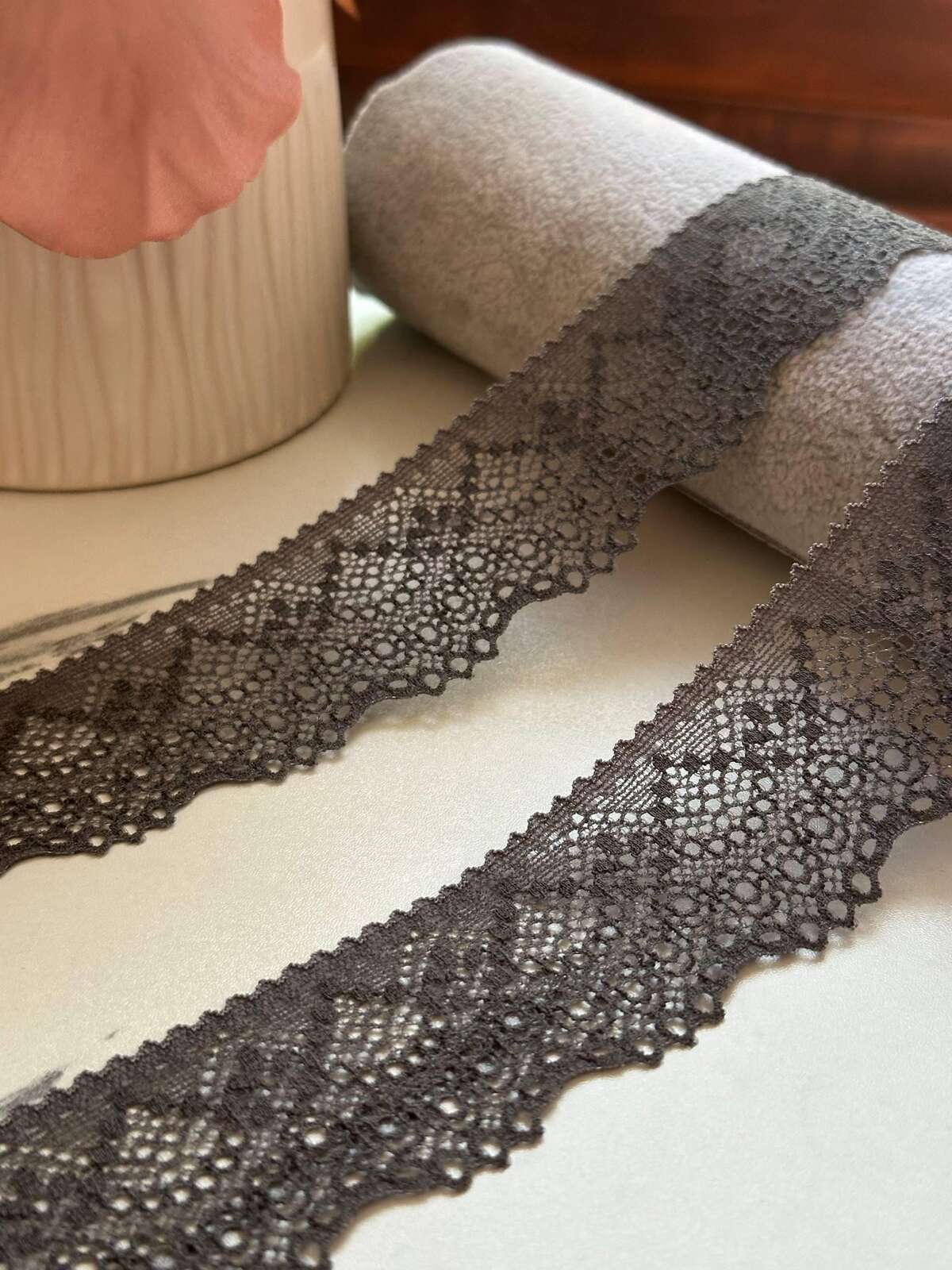 10yds Taupe Charcoal Grey Floral Stretch Lace Trim by the Yard, Narrow Scalloped Elastic Ribbon for Lingerie Crafts, 1.5"