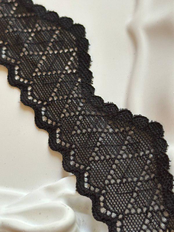 10yds Soft Classic Black Diamond Geometric Wave Wavy Stretch Lace Trim by the Yard, Narrow Scalloped Elastic Ribbon, 1.25", Retail Wholesale