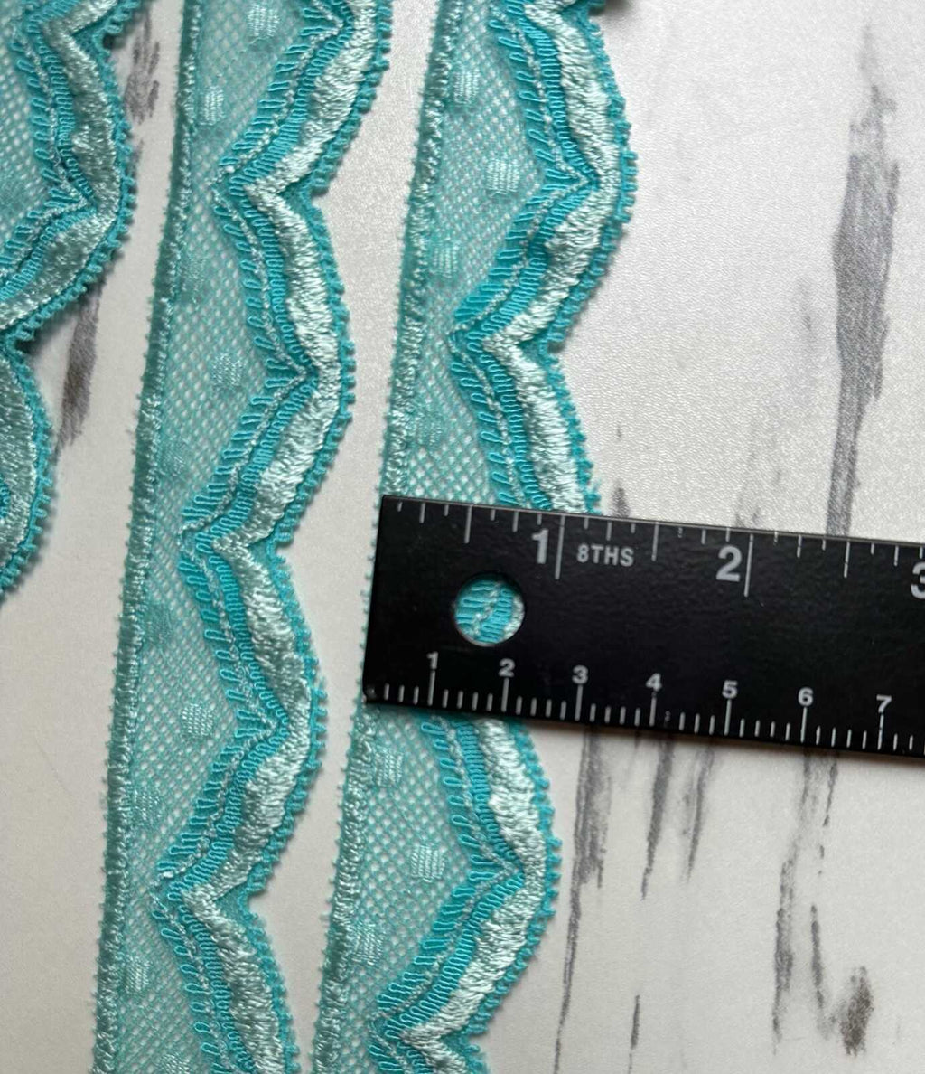 10yds Mint Aqua Turquoise Swiss Dot Elastic Stretch Lace Trim Symmetrical Double Scalloped Narrow Ribbon for  Crafts Sewing, 1.1"  Wholesale
