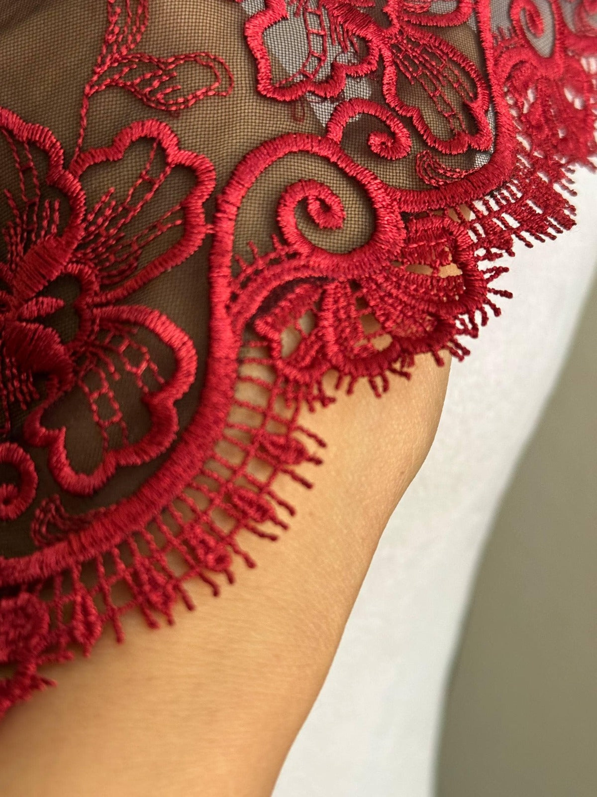 Crimson Red Floral Embroidered Organza Mesh Eyelash Lace Trim, 3" Floral 7" Total Wide Tulle Scalloped Ribbon, Retail Wholesale Bulk