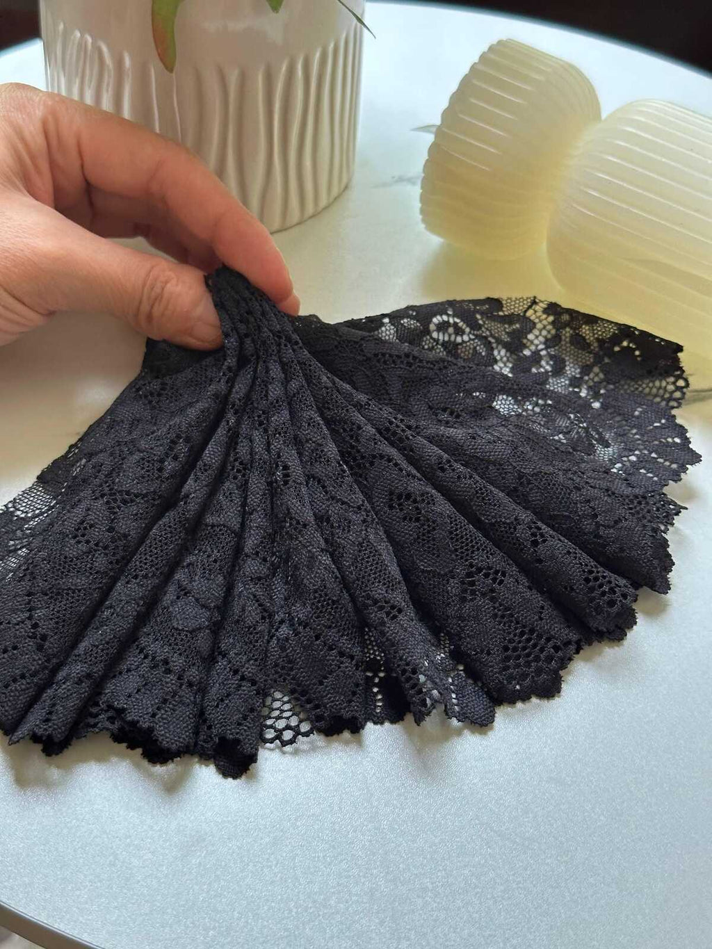 Classic Onyx Black Cordonnet Corded Slight Stretch Lace Trim Symmetrical Double Scalloped Extra Wide Galloon  for Corsets Gowns Crafts, 5.5"