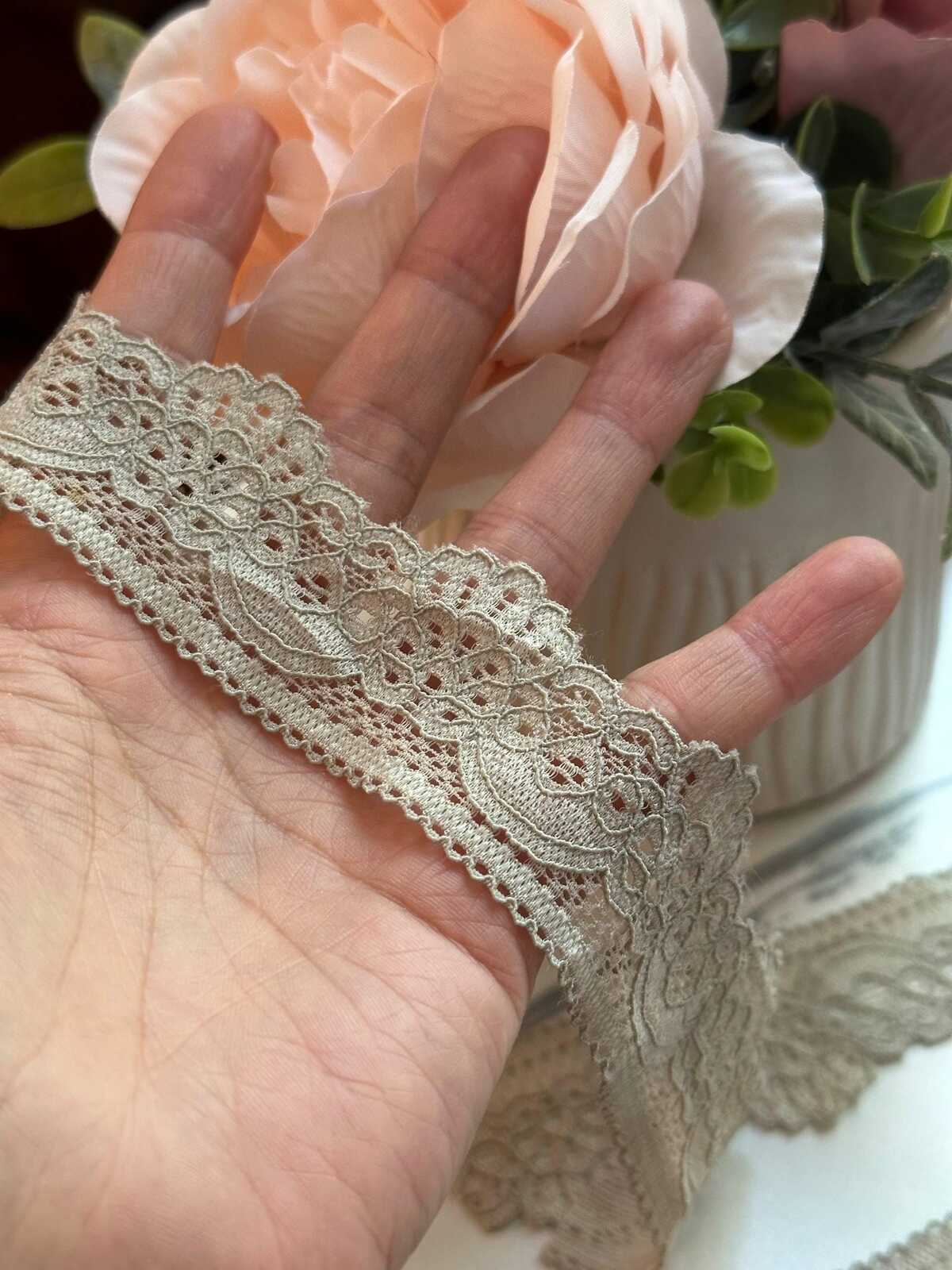 10yds Soft Muted Khaki Beige Floral Stretch Lace Trim by the Yard, Scalloped Elastic Ribbon for Coquette Crafts, 1.3", Retail Wholesale Bulk