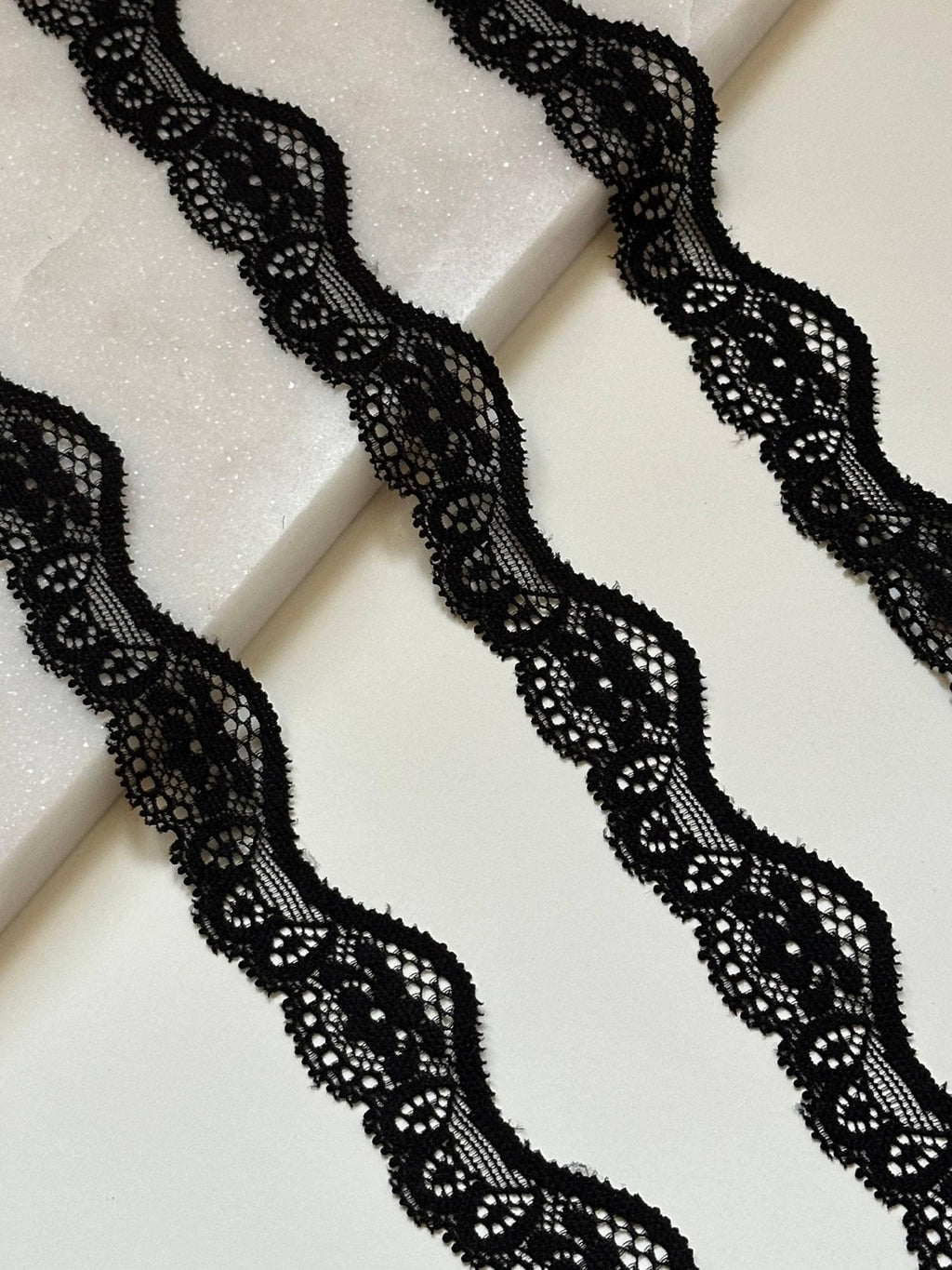 10yds Black Scalloped Wave Stretch Lace Trim by Yard, Elastic Ribbon, Soft Skin Friendly Coquette Craft Supply, 1", Retail Wholesale Bulk
