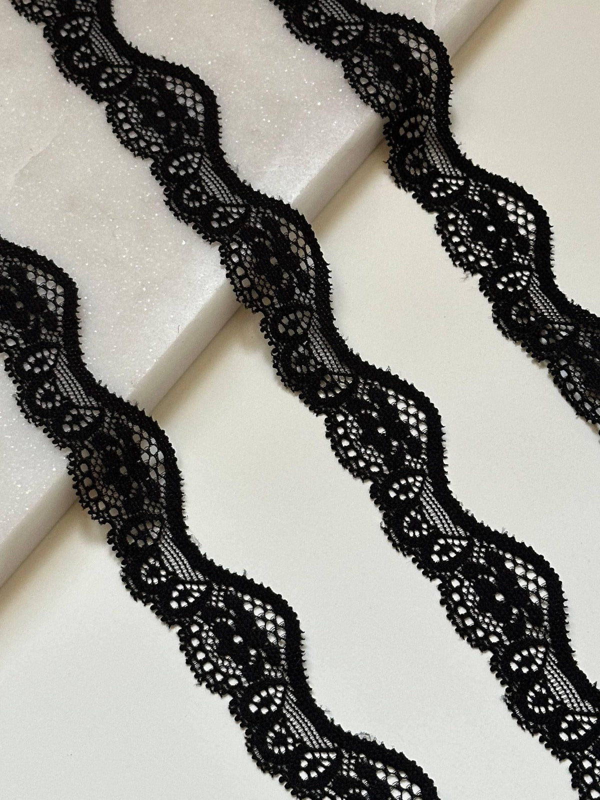 10yds Black Scalloped Wave Stretch Lace Trim by Yard, Elastic Ribbon, Soft Skin Friendly Coquette Craft Supply, 1", Retail Wholesale Bulk