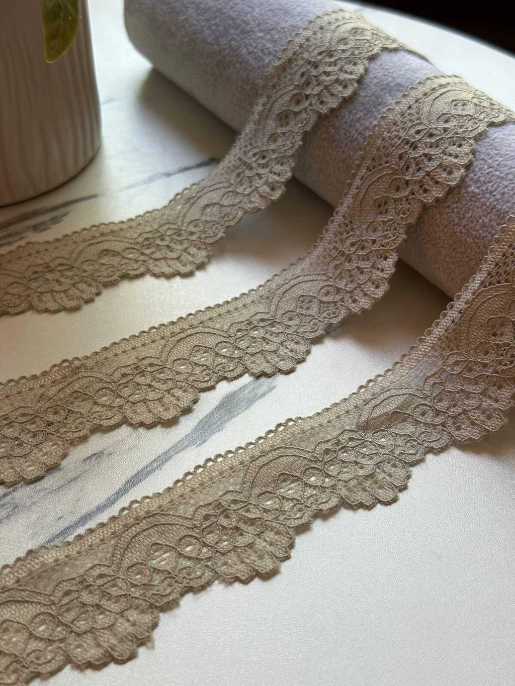 10yds Soft Muted Khaki Beige Floral Stretch Lace Trim by the Yard, Scalloped Elastic Ribbon for Coquette Crafts, 1.3", Retail Wholesale Bulk