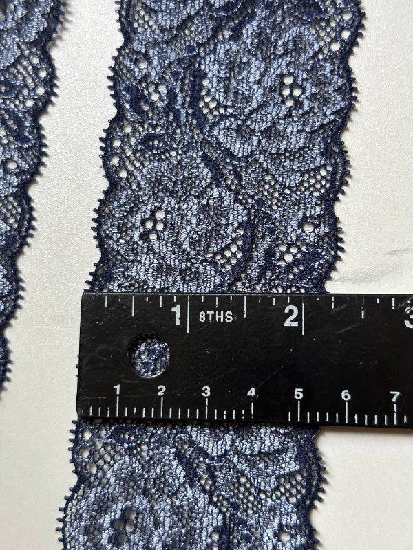 Navy Blue Floral Slight Stretch Lace Trim, 2.15" Gentle Elastic Ribbon, Lingerie Lace, Coquette Craft Supply, DIY Sewing, Retail Wholesale