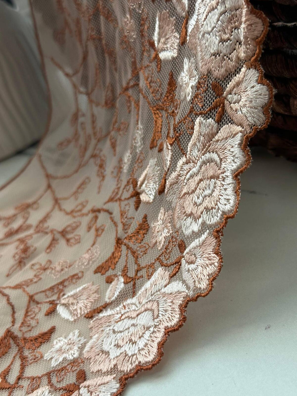 3Yds Non-Stretch 6.3" Autumn Terracotta Rust Floral Embroidered Mesh Lace Trim