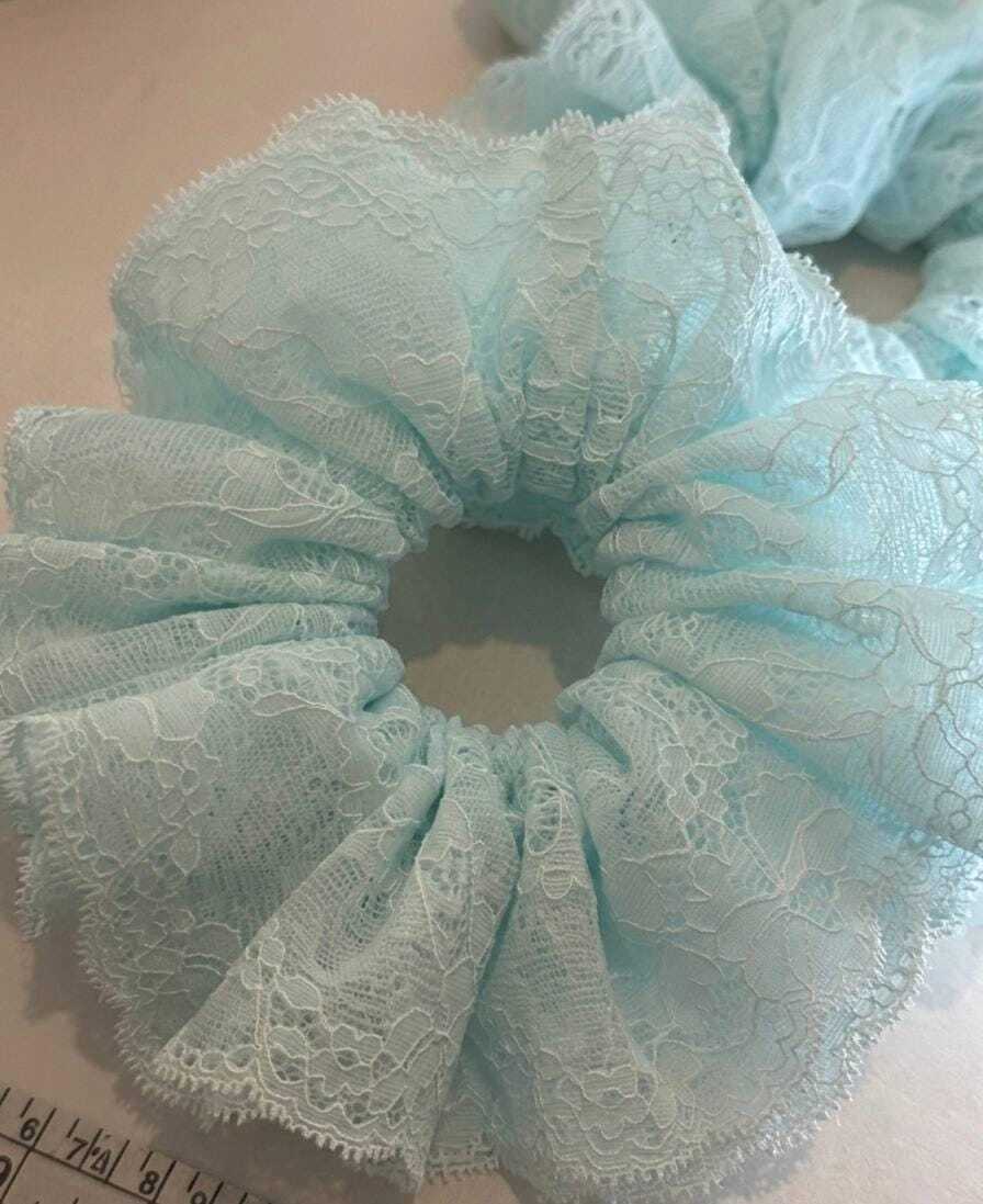 Oversized Double Layer Lace Scrunchie, Jumbo Handmade Mint Blue Ruffle Hair Tie, Elegant Balletcore Coquette Ponytail Holder, Gift