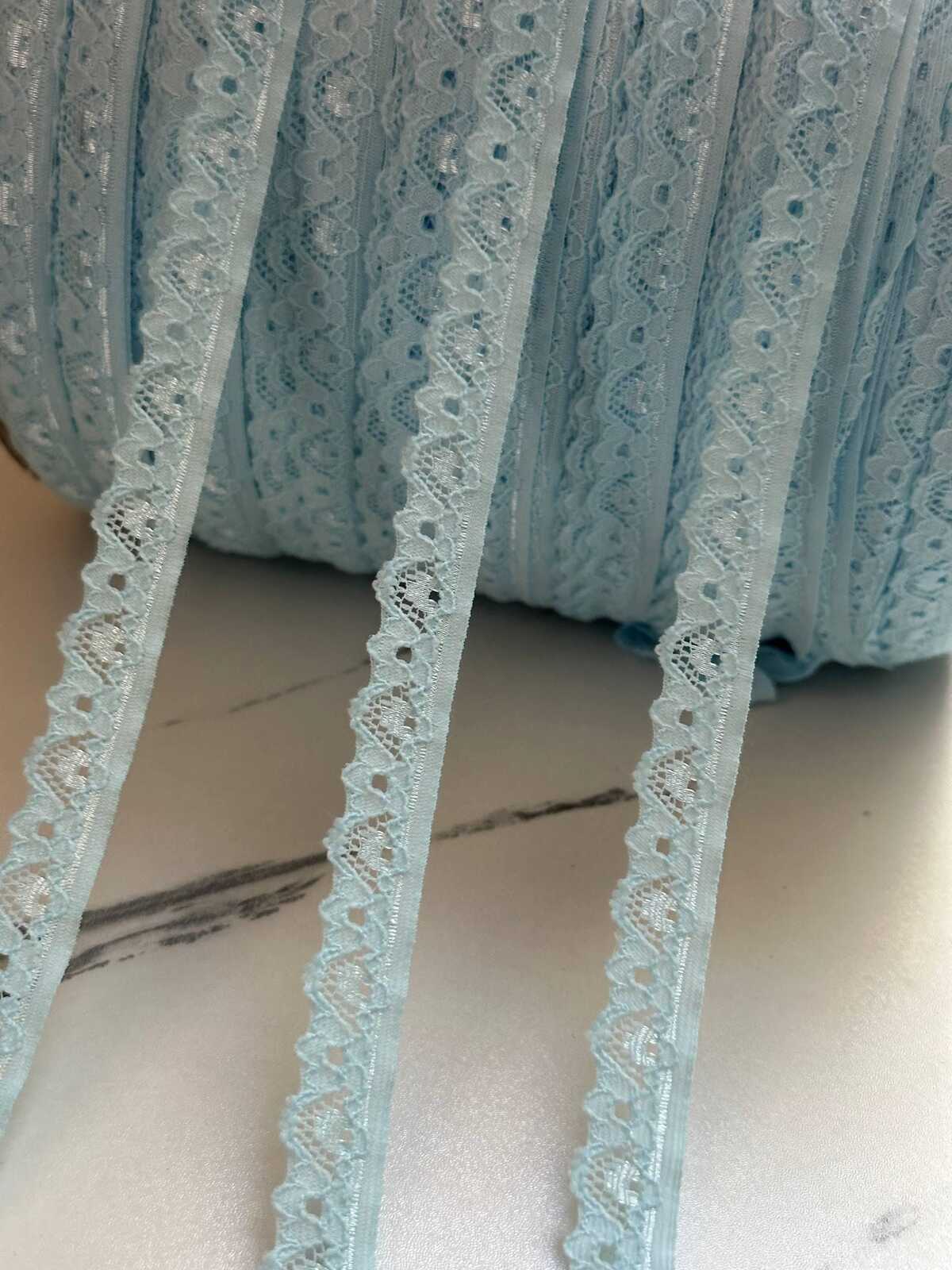 10yds Soft Ice Blue Floral Stretch Lace Trim , Narrow Scalloped Elastic Ribbon for Coquette Lingerie Crafts, 0.5",Retail Wholesale Bulk