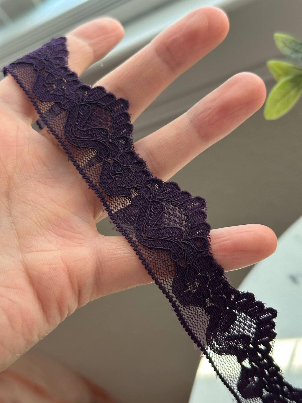 10Yds Stretch 1" Dark Plum Purple Scalloped Floral Stretch Lace Trim Bulk