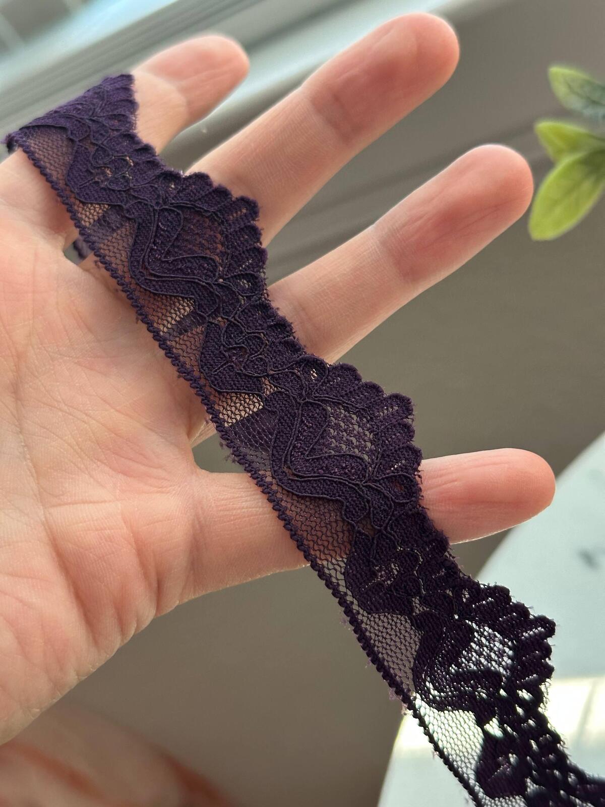 10Yds Stretch 1" Dark Plum Purple Scalloped Floral Stretch Lace Trim Bulk