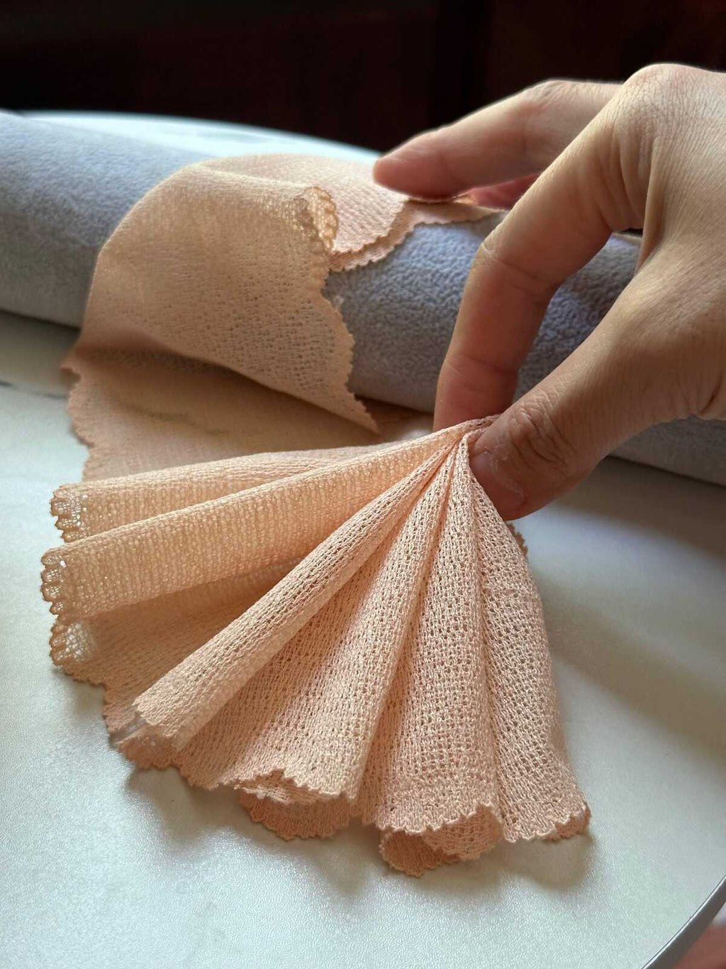 Nude Peach Stretch Mesh Lace Trim by the Yard, Wide Ribbon for Baby Headband Scrunchies Pleated Skirt, 3.5"