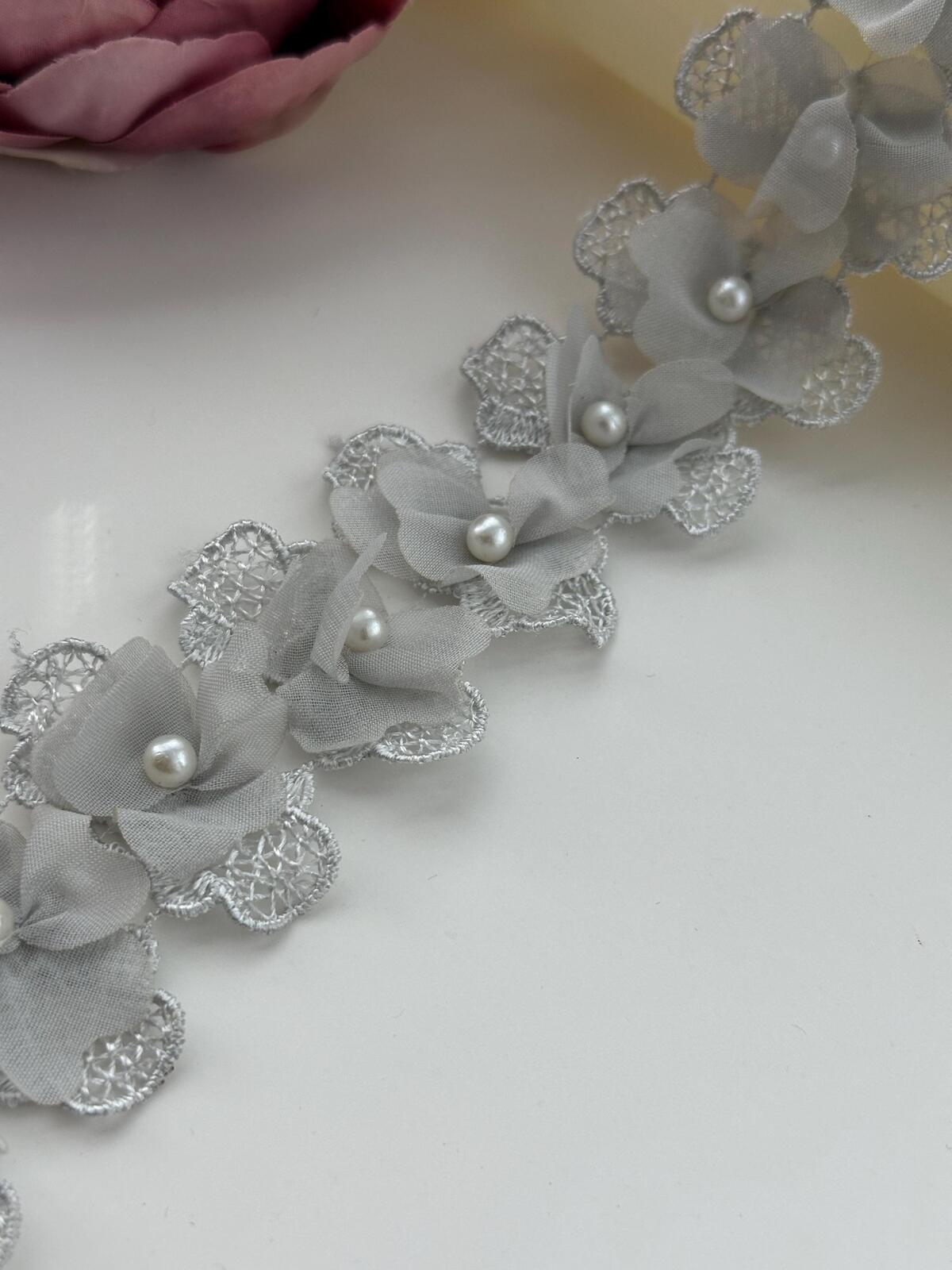 2Yds Non-Stretch 1.8" Grey 3D Chiffon Flower Beaded Pearl Lace Trim Wholesale
