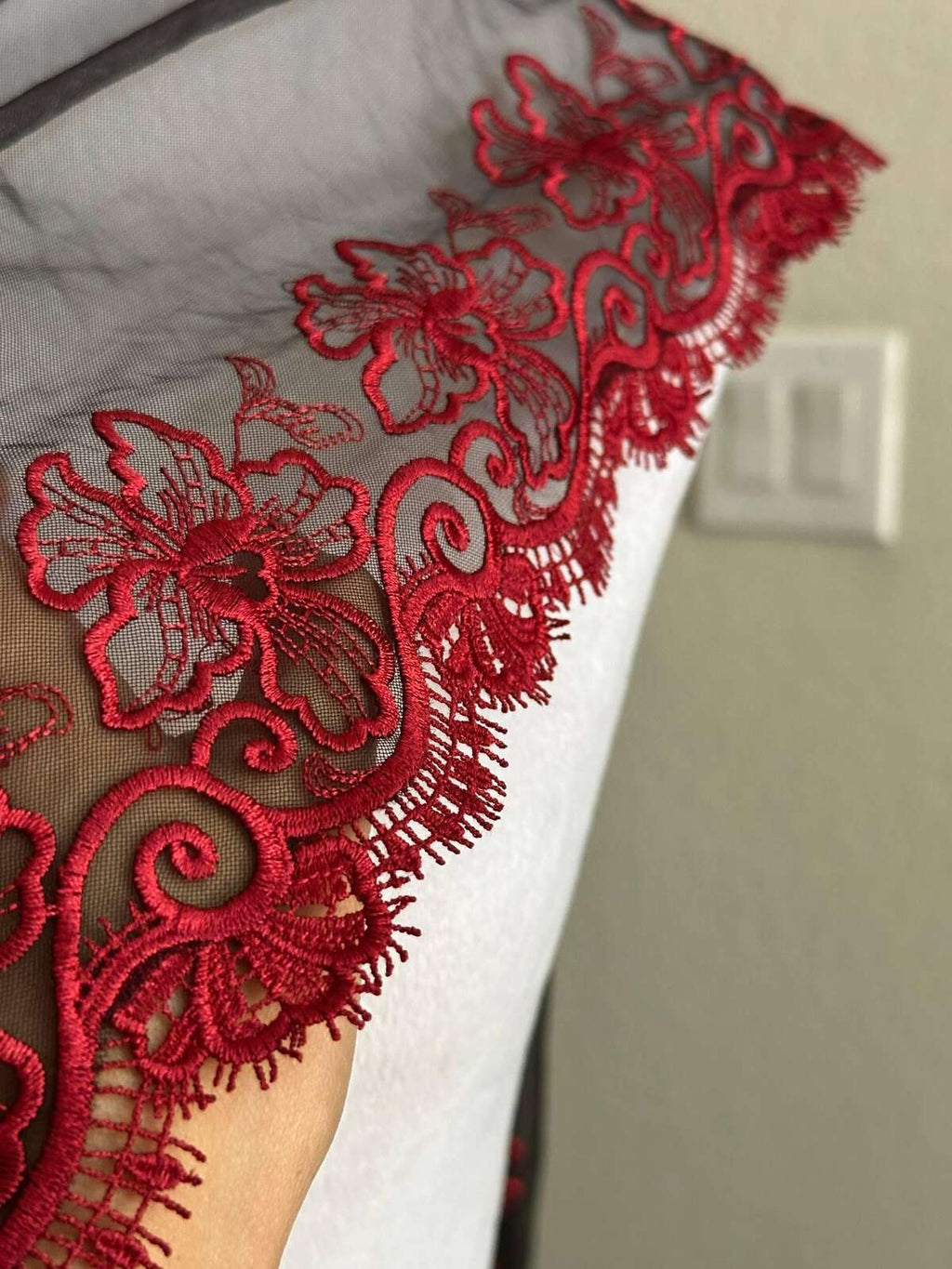 Crimson Red Floral Embroidered Organza Mesh Eyelash Lace Trim, 3" Floral 7" Total Wide Tulle Scalloped Ribbon, Retail Wholesale Bulk