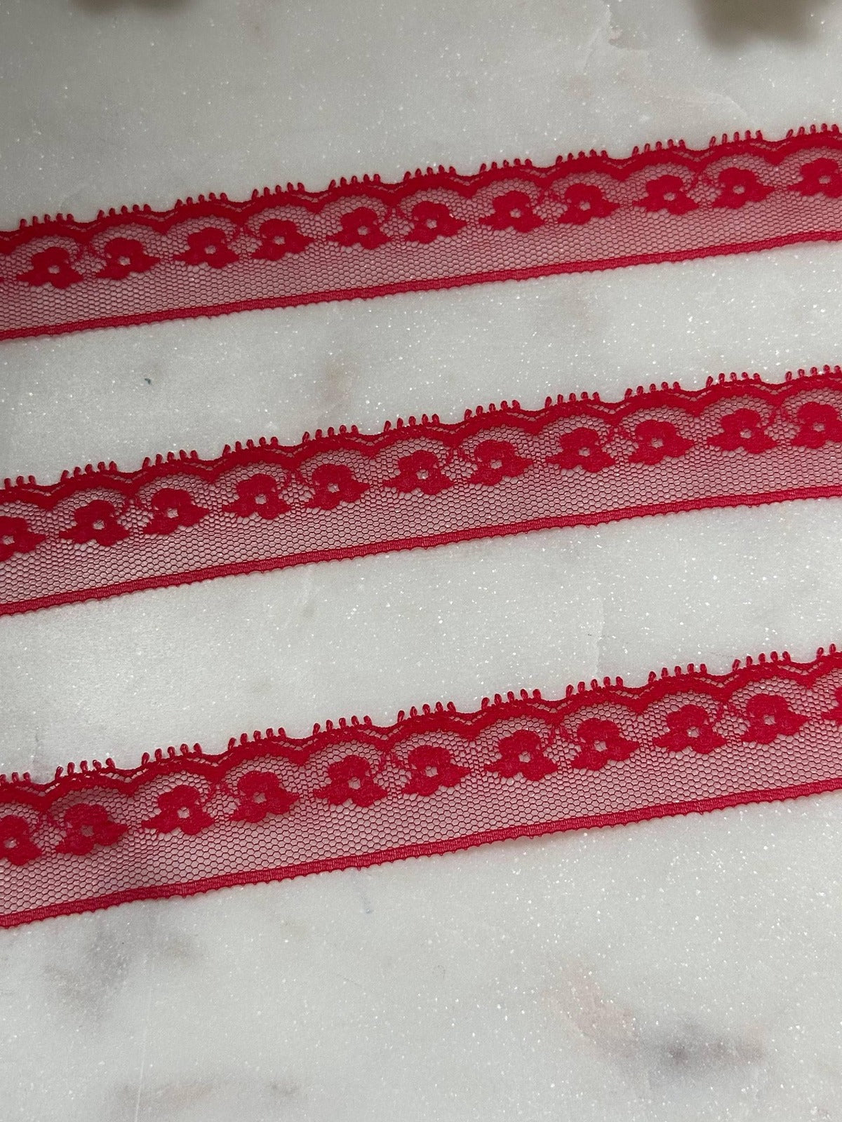 10yds Ultra Soft Crimson Red Floral Eyelash Non-Stretch Mesh Lace Trim by the Yard, Narrow Scalloped Tulle Ribbon, 1", Retail Wholesale Bulk