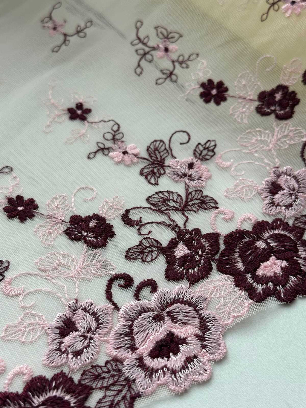 1Yd Non-Stretch 9.3" Burgundy Pink Floral Embroidered Mesh Lace Trim Wholesale