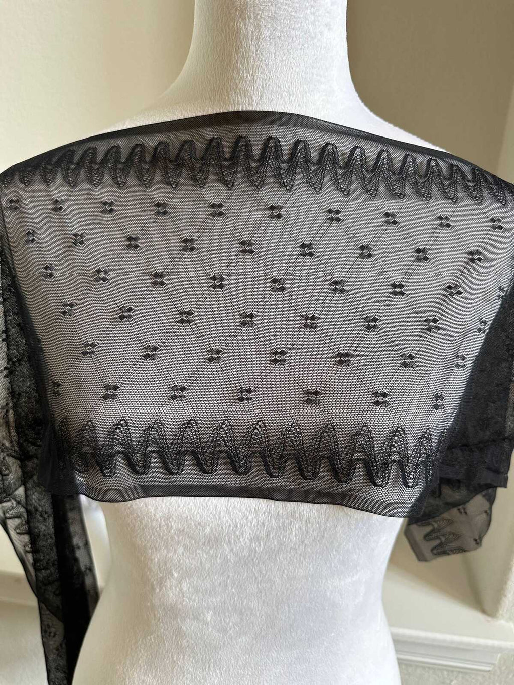 Black Geometric Point d'Esprit Mesh Lace Trim by the Yard, Wide Straight Edge Sheer Tulle Ribbon for Veil Bridal Lingerie, 8"
