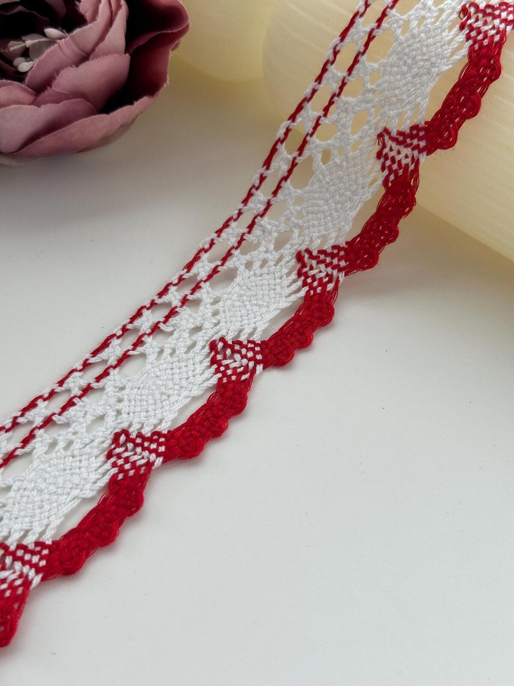 3Yds Non-Stretch 1.5" Red White Cotton Crochet Scalloped Lace Trim Wholesale