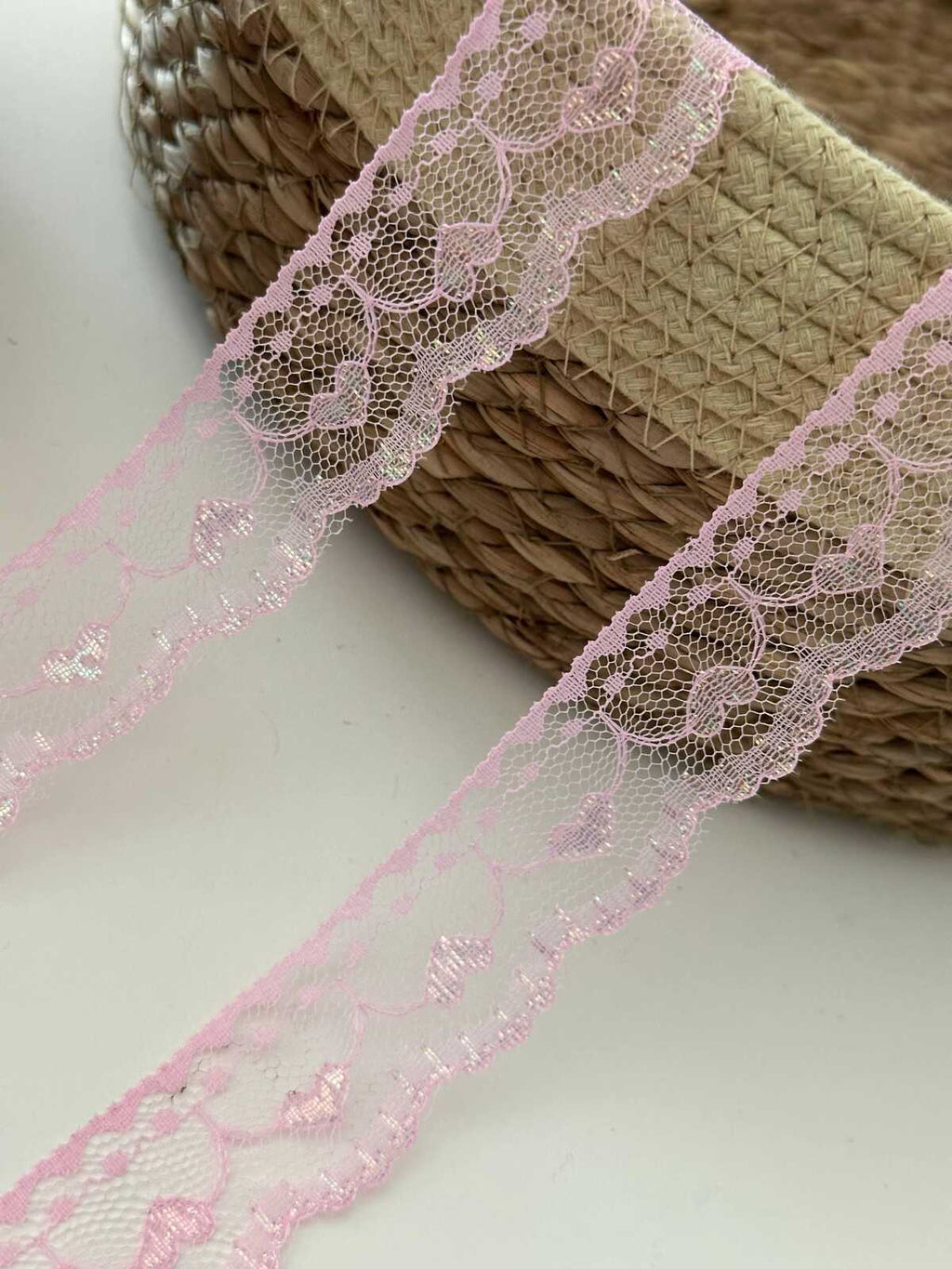 10yds Pink Heart Lace Trim, 1" Non-Stretch Ribbon, Bulk Clearance Coquette Y2K Lace, Garment Trim, DIY Sewing, Retail Wholesale