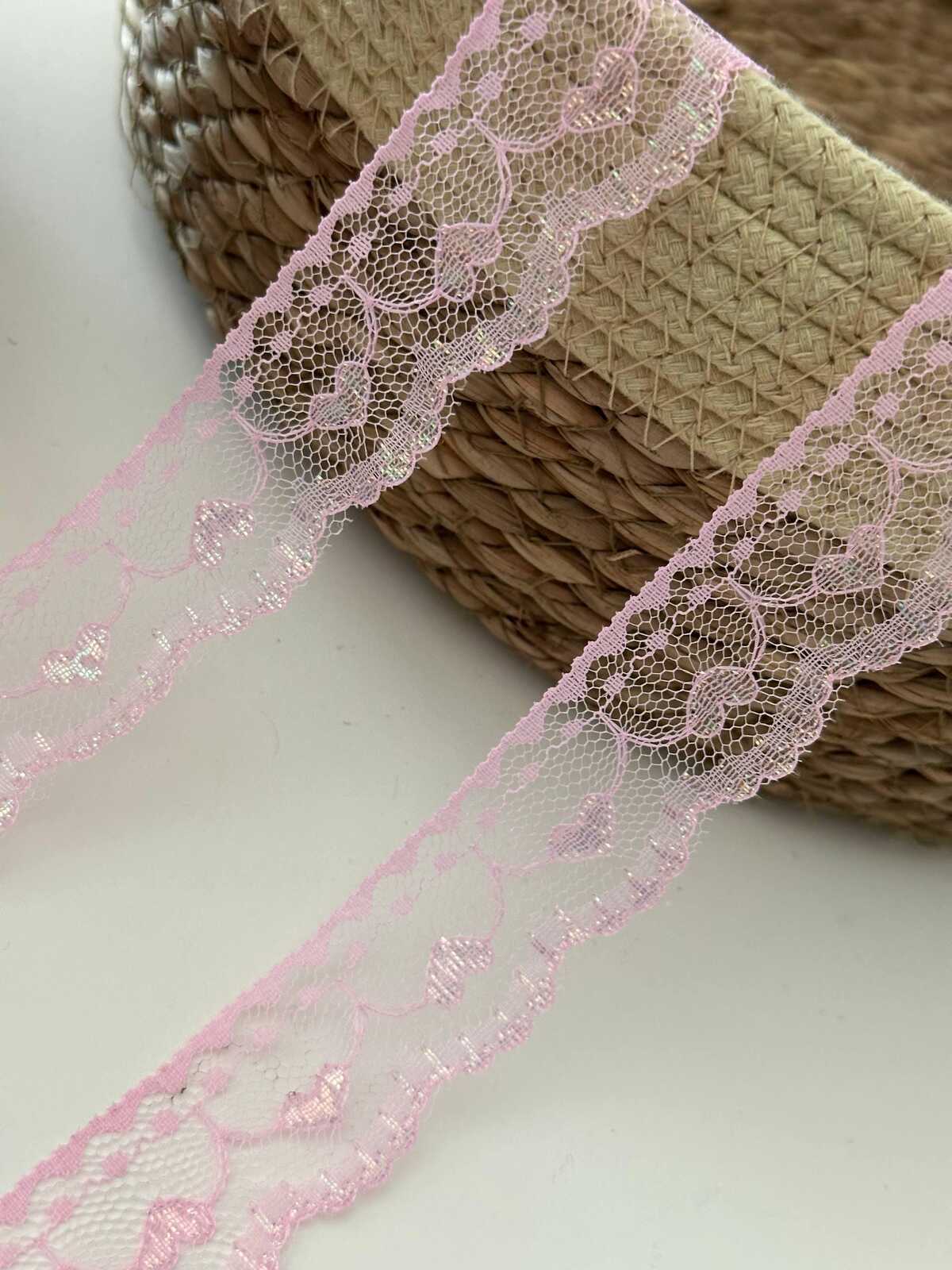 10yds Pink Heart Lace Trim, 1" Non-Stretch Ribbon, Bulk Clearance Coquette Y2K Lace, Garment Trim, DIY Sewing, Retail Wholesale