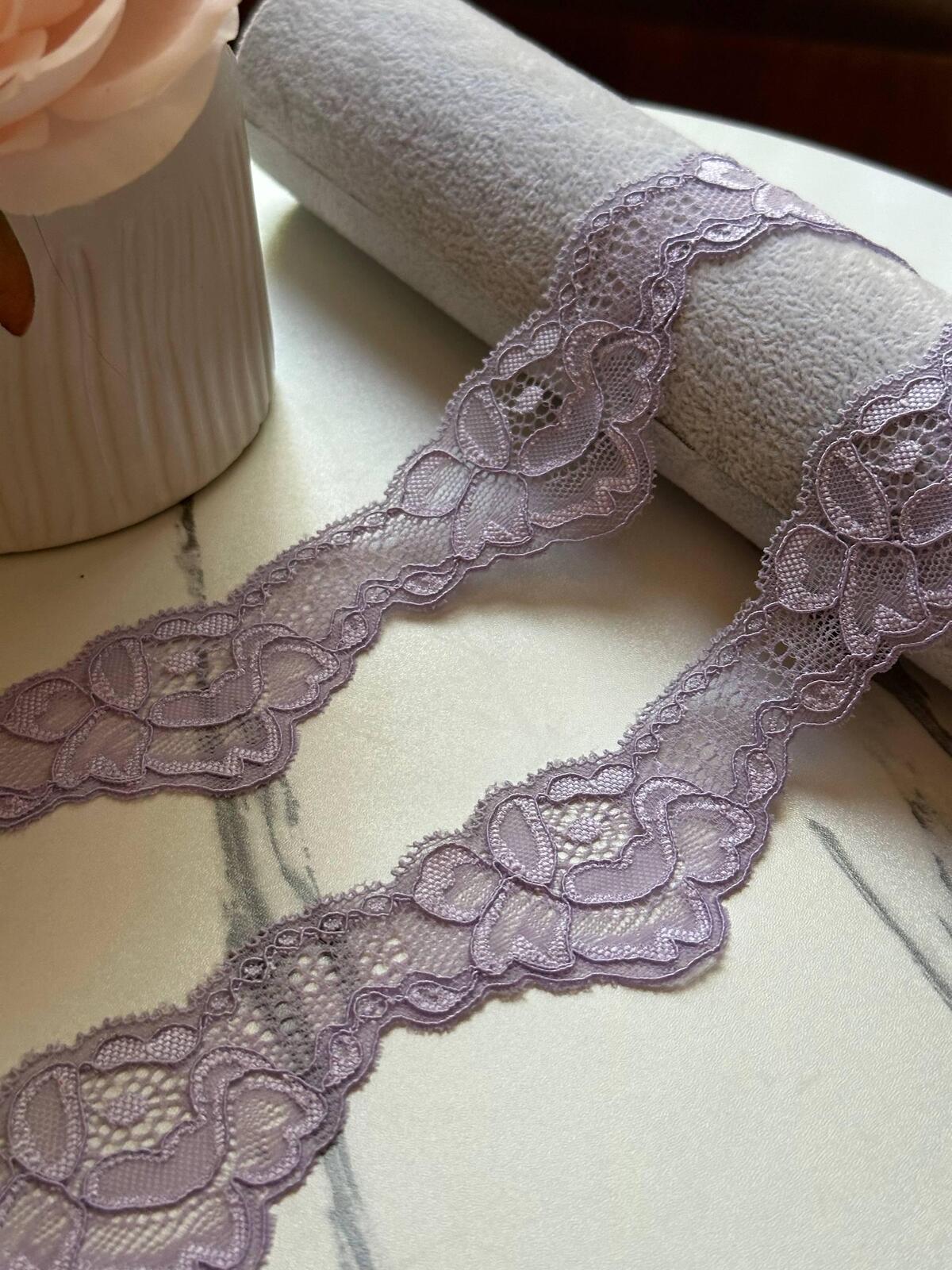 10yds Soft Dusty Lilac Floral Wavy Stretch Lace Trim by the Yard, Scalloped Elastic Ribbon for Coquette Crafts, 1.75", Retail Wholesale Bulk